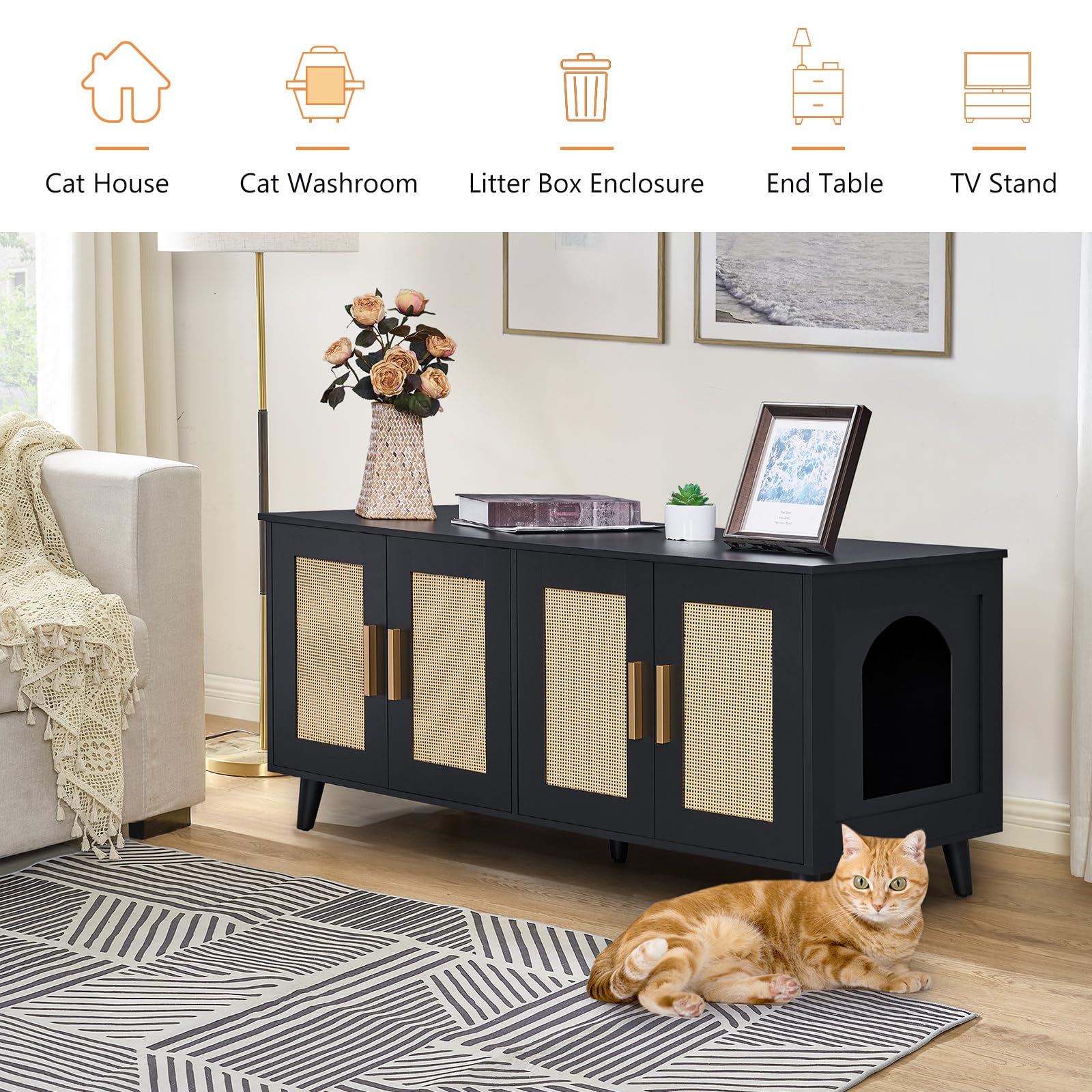 Homhedy Boho Cat Litter Box Enclosure For 2 Cats, Wooden Cat Washroom Furniture With Double Rattan Decorated Doors, Pet House,47