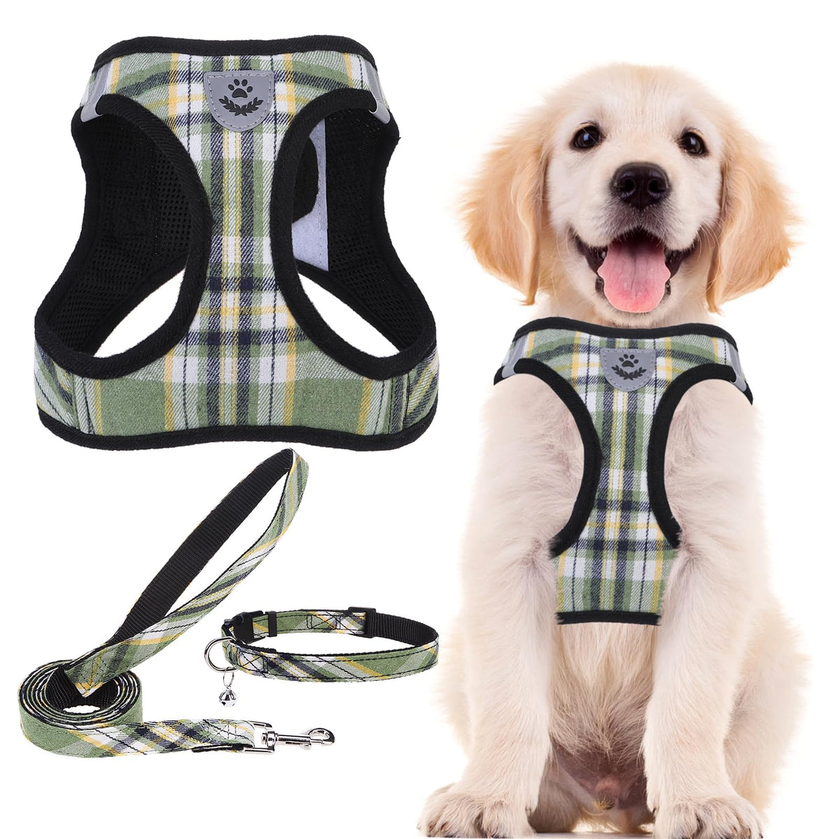 Pupteck Adjustable Dog Harness Collar And Leash Set Step In No Pull Pet Harness For Small Medium Dogs Puppy And Cats Outdoor Walking Running, Soft Mesh Padded Reflective Vest Harnesses, Grn&Ylw, M