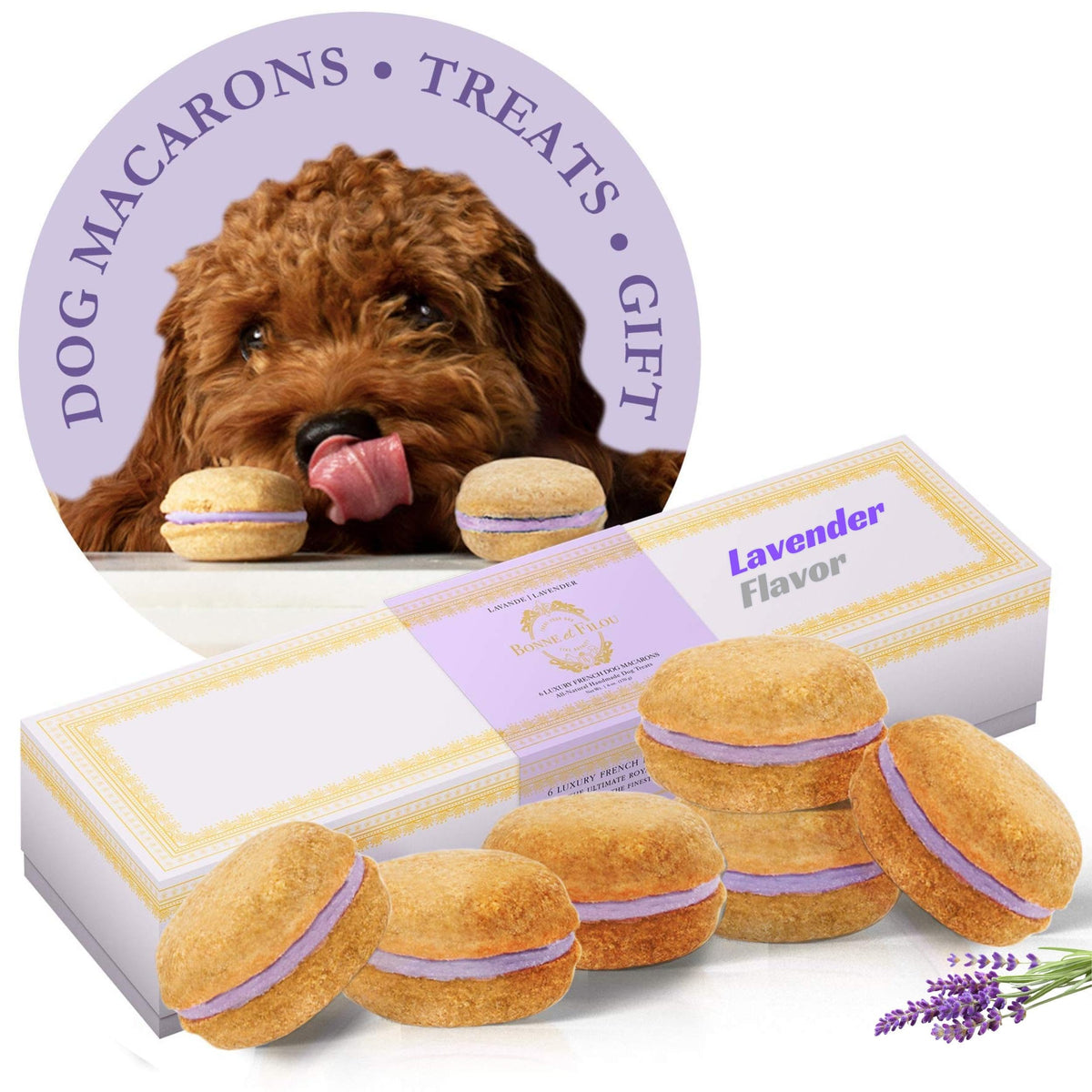 Bonne et Filou Human Grade Dog Treats Gift Box Dog Cake Macarons for Birthday Gourmet Dog Treats Healthy and Delicious Snacks for Small to Large Dogs All Natural Macaron Dog Cakes Lavender 6 Count