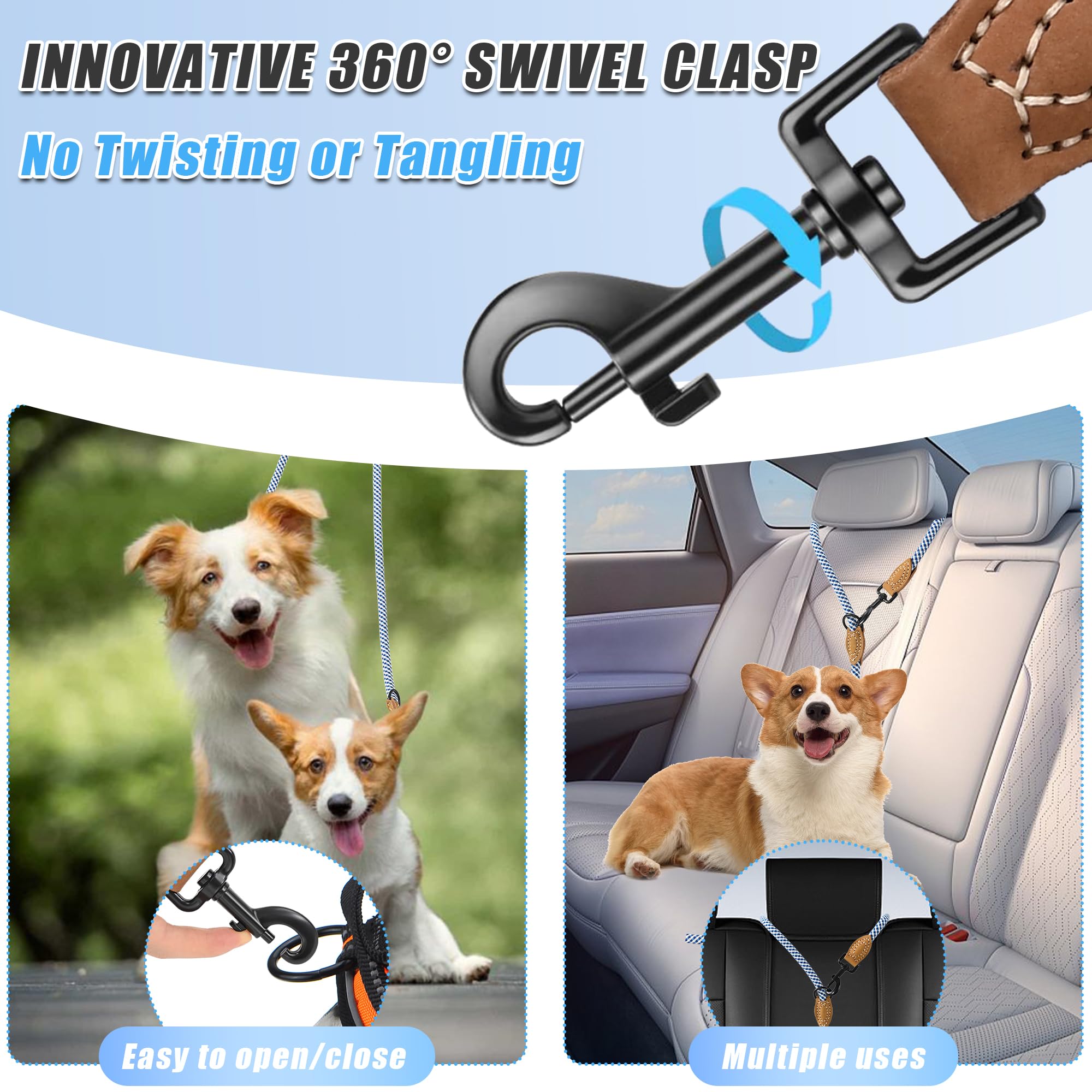 Mile High Life Dual Dog Leash - Double, Hands Free With Leather Connection - 360 Swivel, No Tangle - Blue Gray, 8Ft