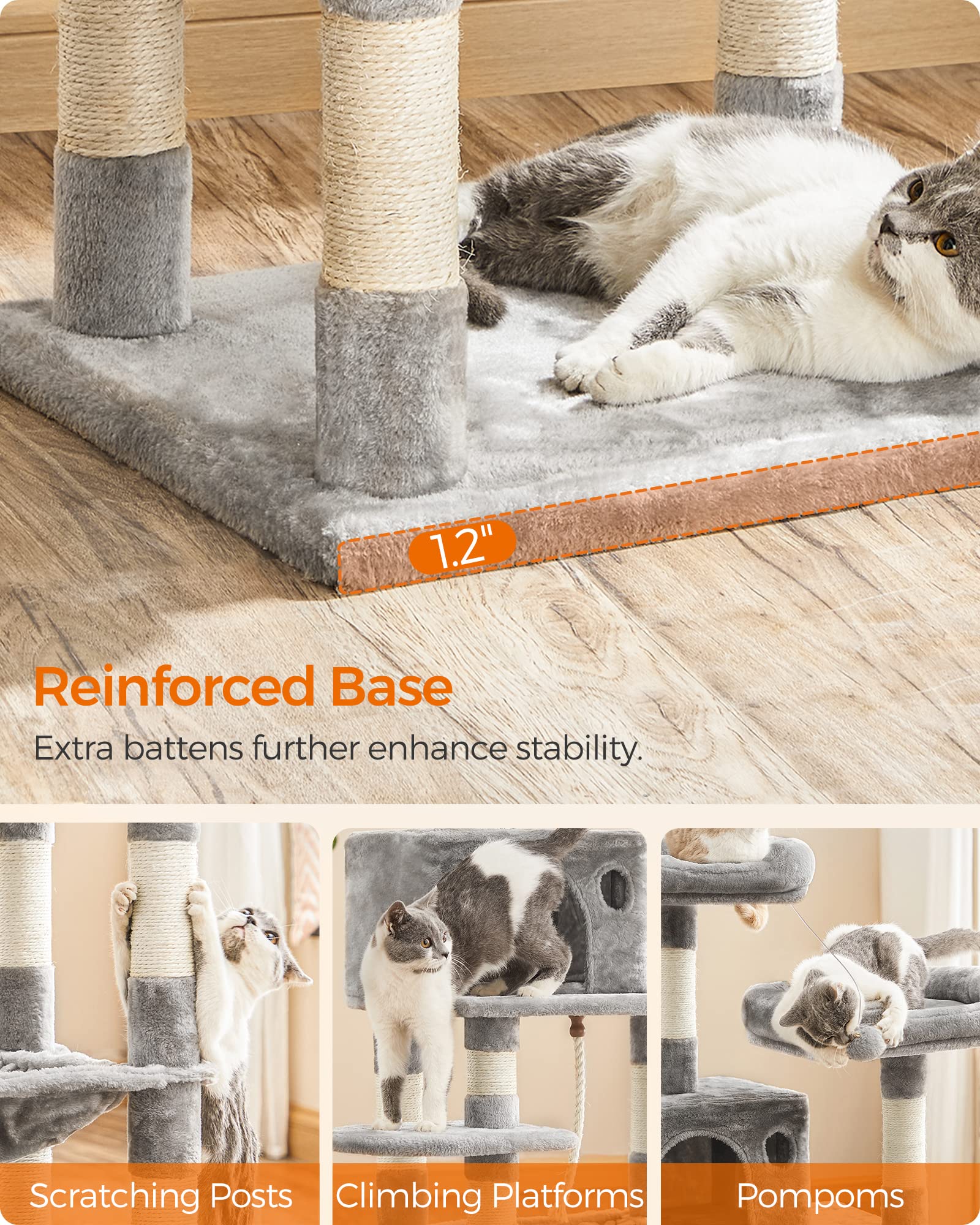 Feandrea Cat Tree, Cat Tower For Indoor Cats, 56.3-Inch Cat Condo With Scratching Posts, Hammock, Plush Perch, Light Gray Upct15