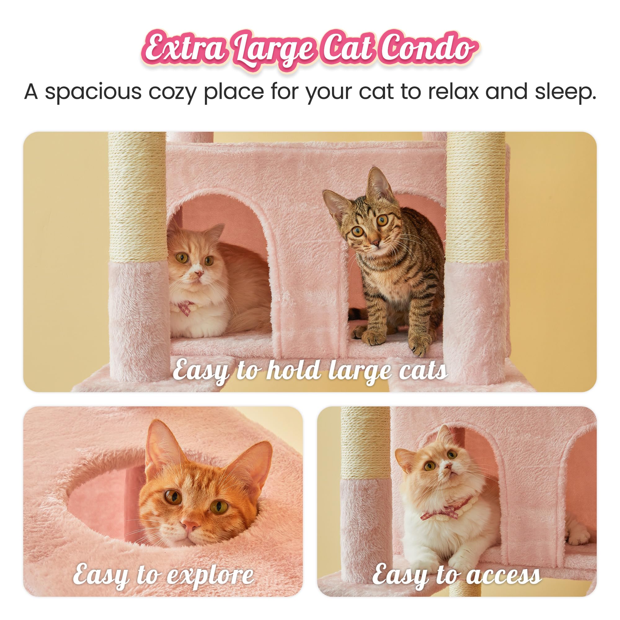 Mwpo 74.8 Inches Pink Extra Large Cat Tree, Tall Cat Tower For Indoor Cats With Large Cat Condo, Wide Top Perch, Hammock, Sisal-
