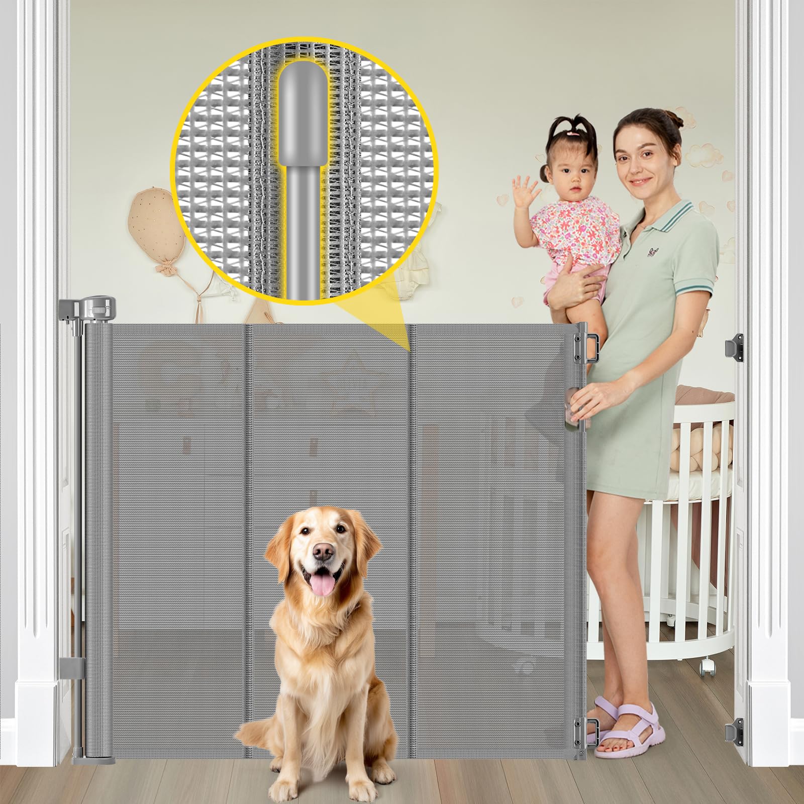 Reinforced 42    Extra Tall Pet Gate for Doorways, Extends up to 60    Wide, Extra Tall Retractable Baby Gates with Rods to Prev