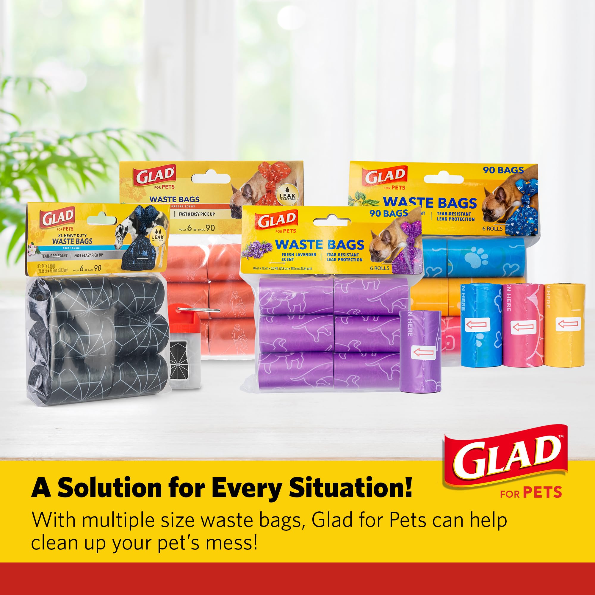 Glad for Pets Scented Waste Bags, Tear Resistant, 90 Count, Multicolor, Lemon Scent, Model FF37259