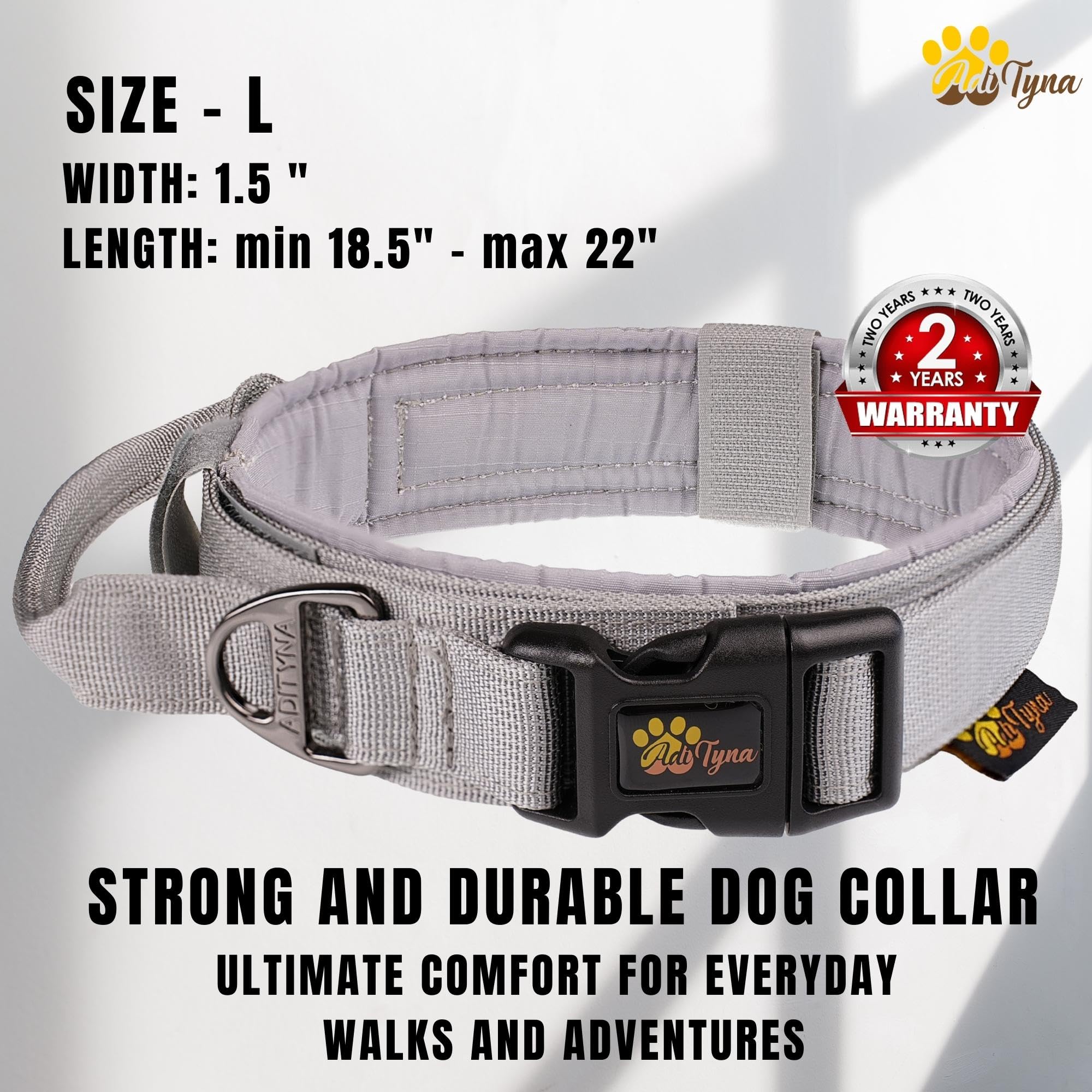 Adityna Tactical Dog Collar For Large Dogs - Soft Padded, Heavy Duty, Service, Adjustable Military K9 Collar With Handle For Tra