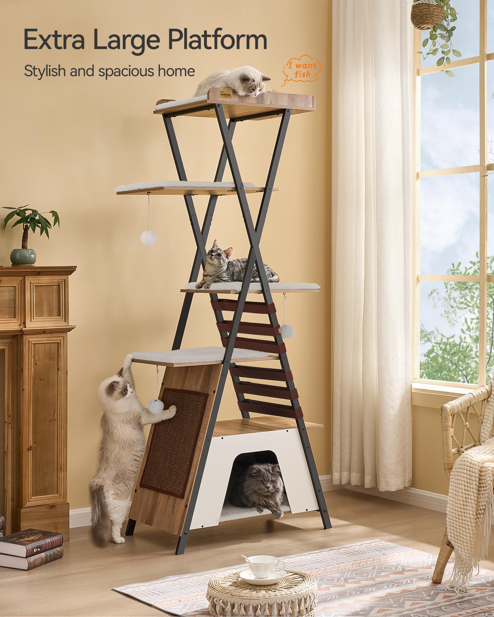 FourFurPets 72.4 Cat Tree, Modern Cat Tower for Indoor Cats, Multi-Level Cat Condo with Caves, Tall Cat Tree with Cat Scratching