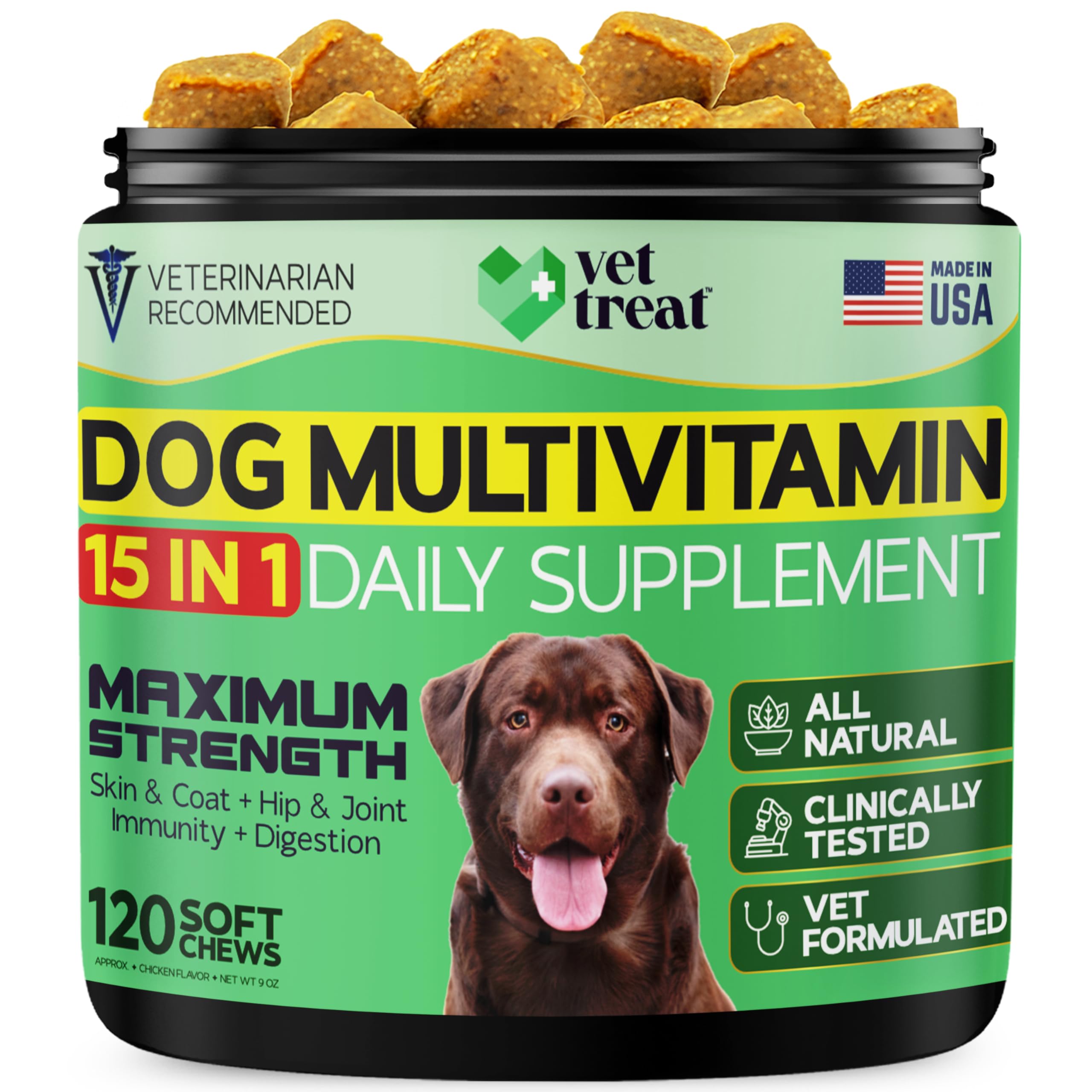 Dog Multivitamin Chewable with Glucosamine & Salmon Oil - Made in USA - Puppy & Senior Supplement - 120 Chews - Daily Wellness S