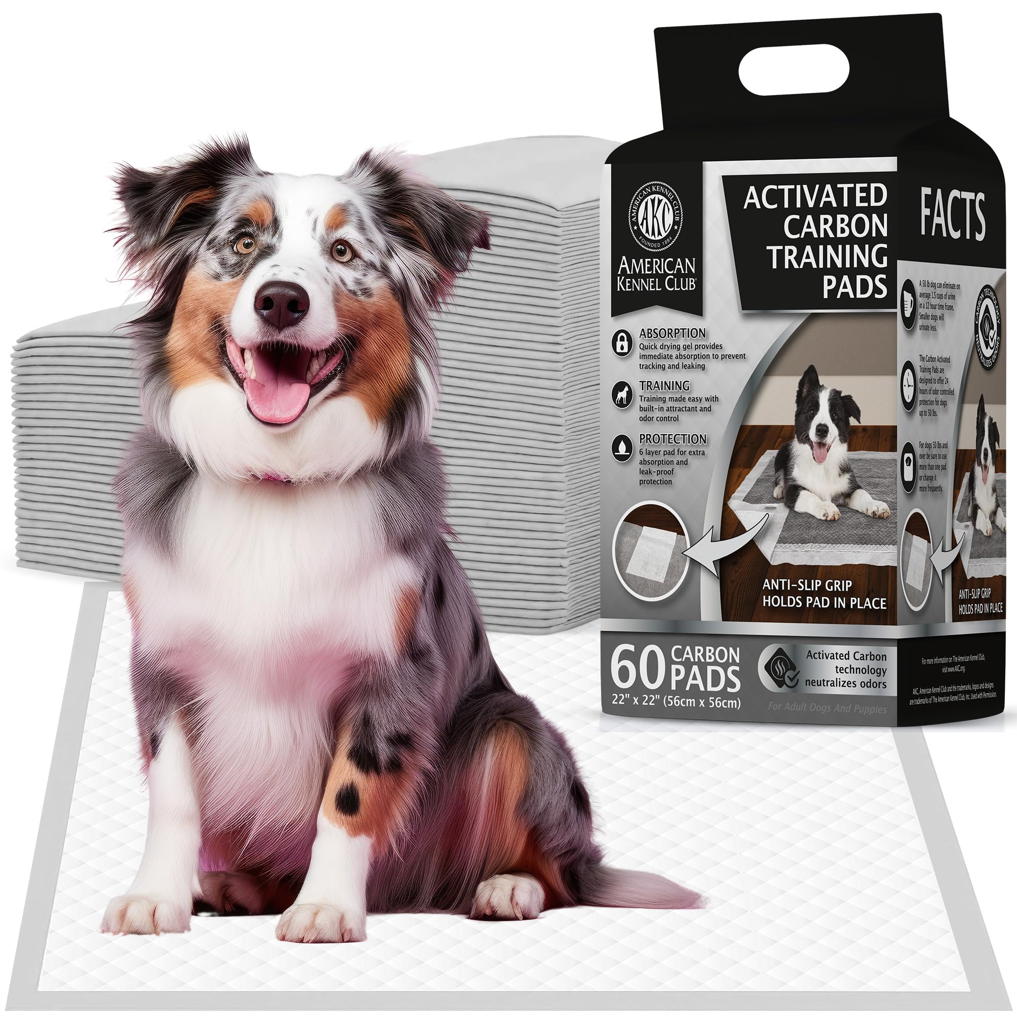 American Kennel Club Charcoal Puppy Training Pads, with Anti-Slip Adhesive Backing, Quick Dry Gel and Activated Carbon Odor Cont