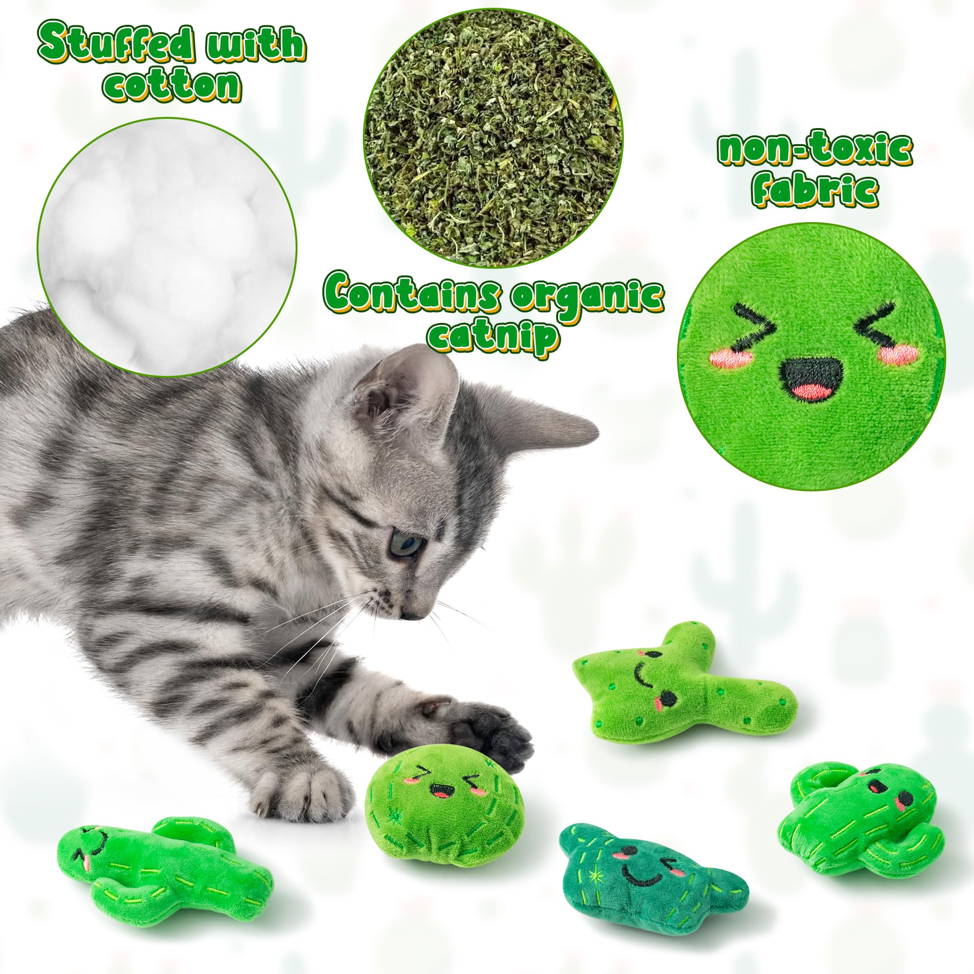 Mallmall6 Catnip Toys For Cat - 5Pcs Cactus Prickly Plants Catmint Interactive Kitten Toy For Indoor Cats, Cute Soft Green Pet S