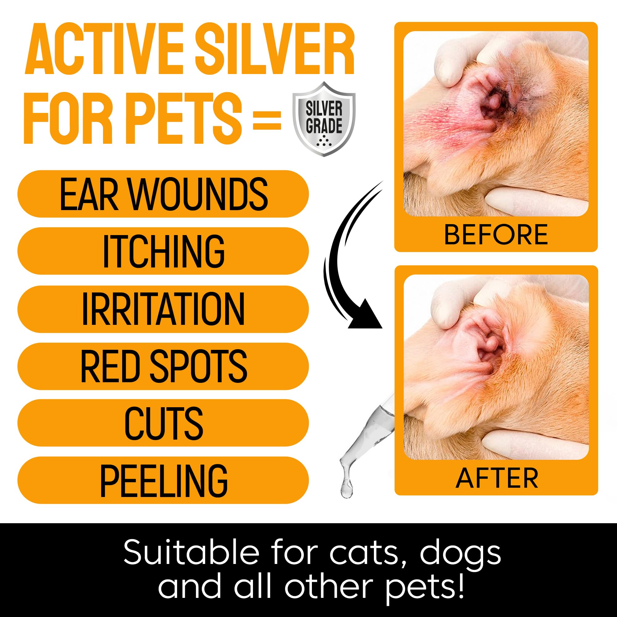 Dog Ear Infection Treatment + Silver - Cat and Dog Ear Cleaner - Drops for Irritations, Itch, Odors, and Otic Infection - for Pe
