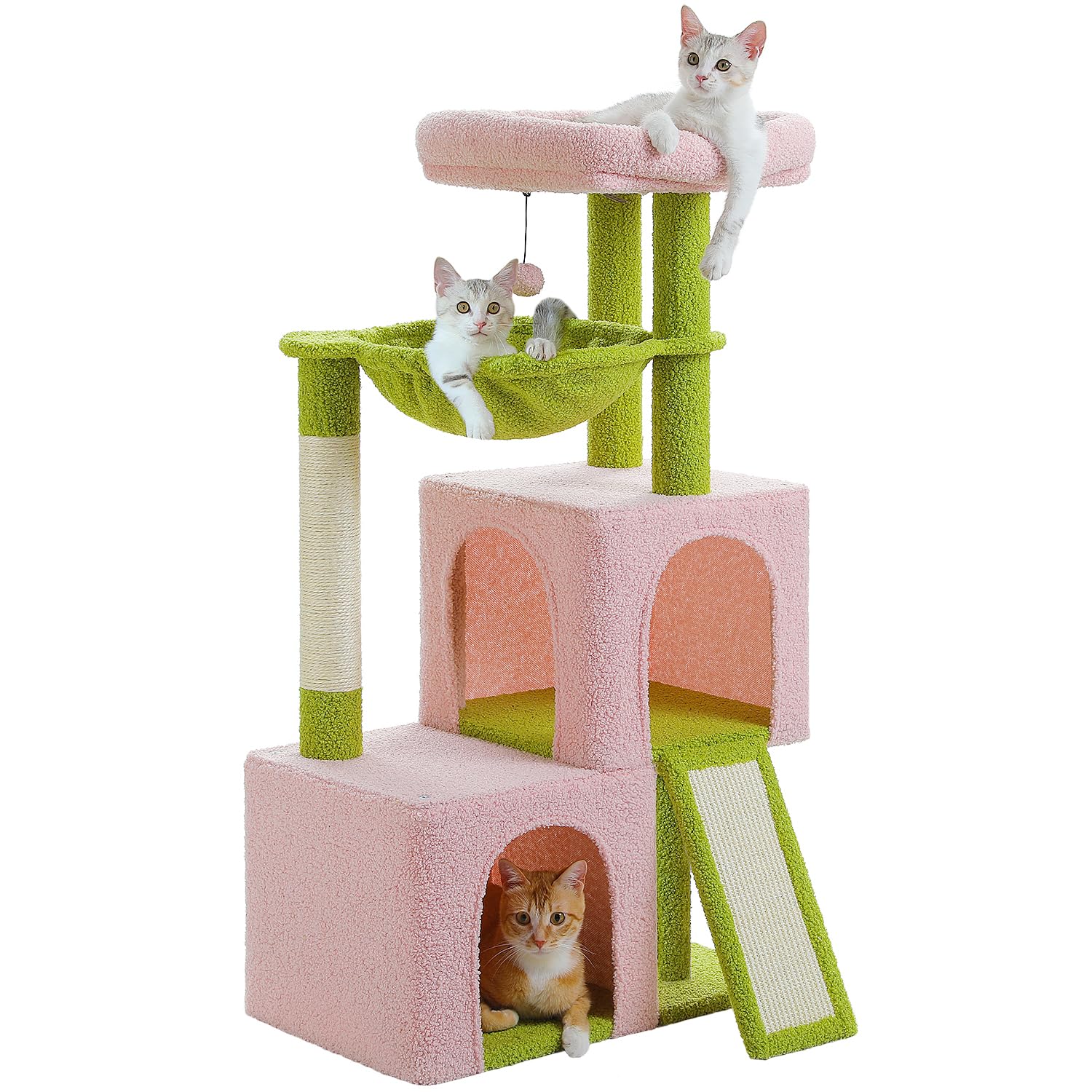 Pawz Road Large Cat Tree, 41 Inches Multi-Level Cat Tower With 2 Spacious Condos For Large Indoor Cats, Pink Flower Cat House Wi
