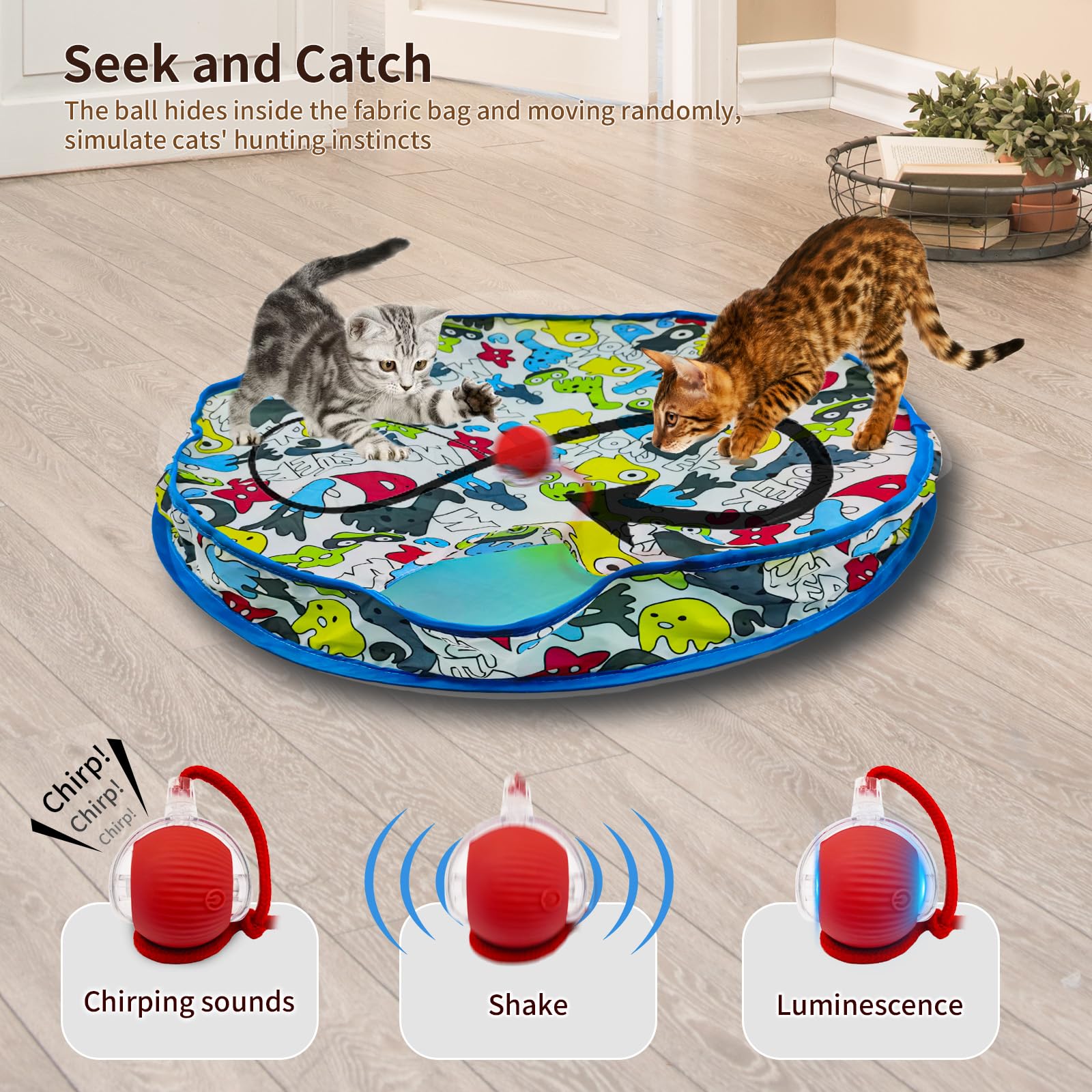 Crazydeer Interactive Cat Toy For Indoor Cat, Hide And Seek Cat Toy, Play Mat Toys With Self Rolling Ball In Pouch, Motion Activ