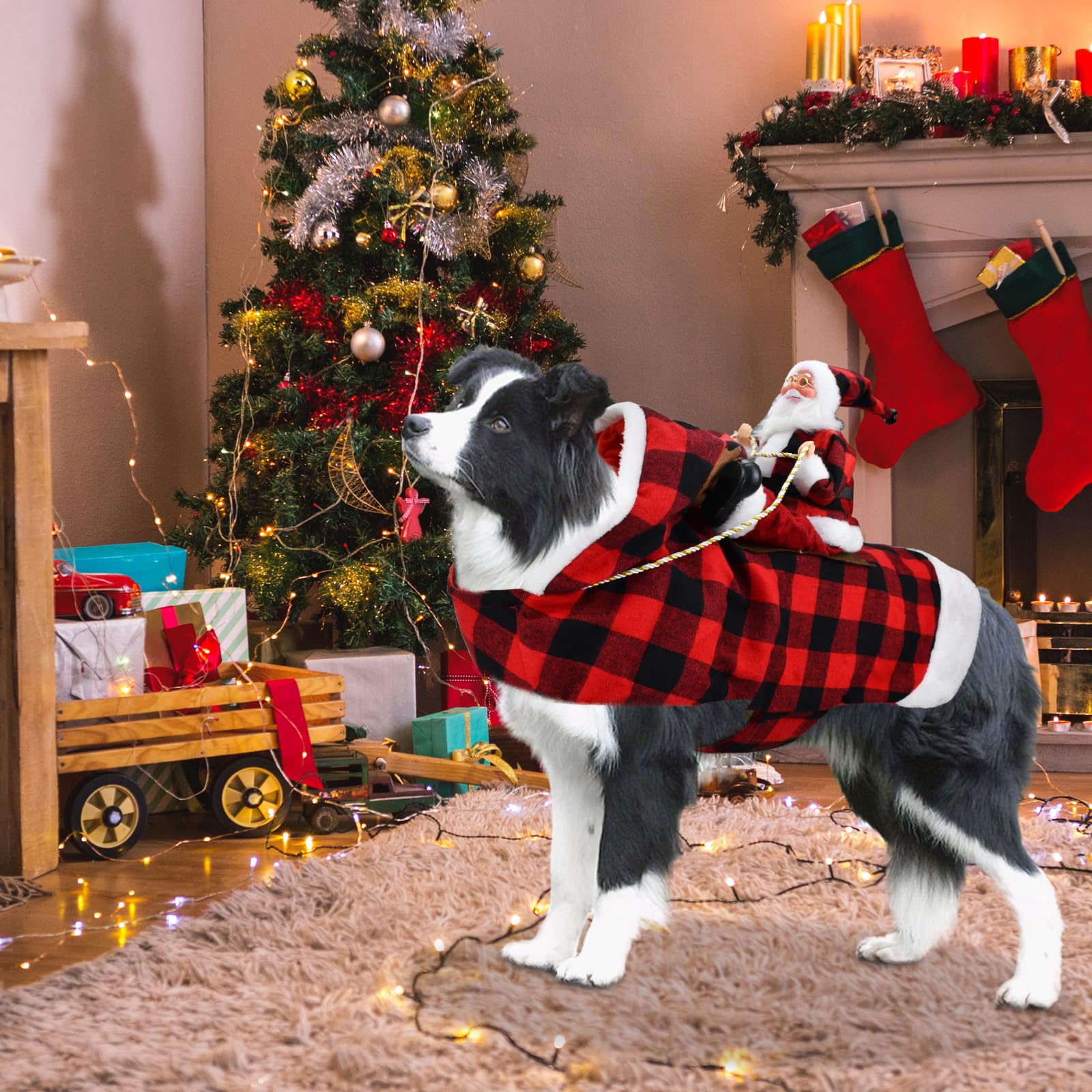 Cooshou Dog Christmas Costume - Santa Claus Riding On Pet Winter Plaid Hoodie Coat For Dog Cat Holiday Outfit Xmas Clothes M