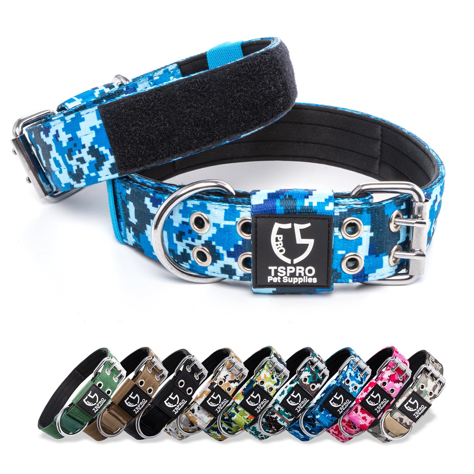 Tspro Camo Dog Collar Tactical Dog Collar Military Dog Collar Working K9 Dog Collar With Metal Buckle And Usa Flag Patch For Medium Large Dogs(Camo Blue-M)