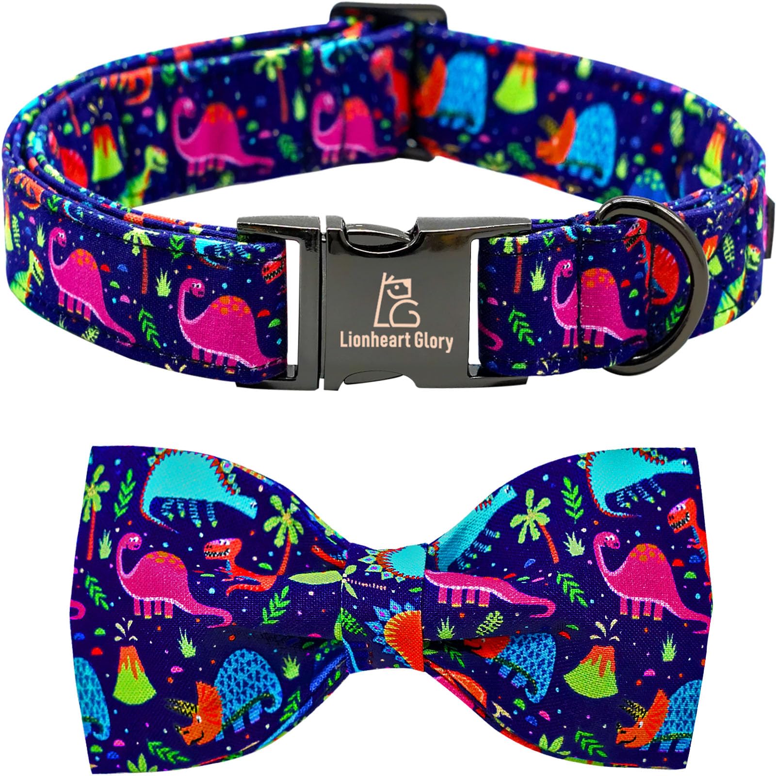 Lionheart glory Dog Collar, Blue Dog Bow Collar Boy Dog Collars with Bow Adjustable Dinosaur Bowtie Collar for Medium Dogs Pet G