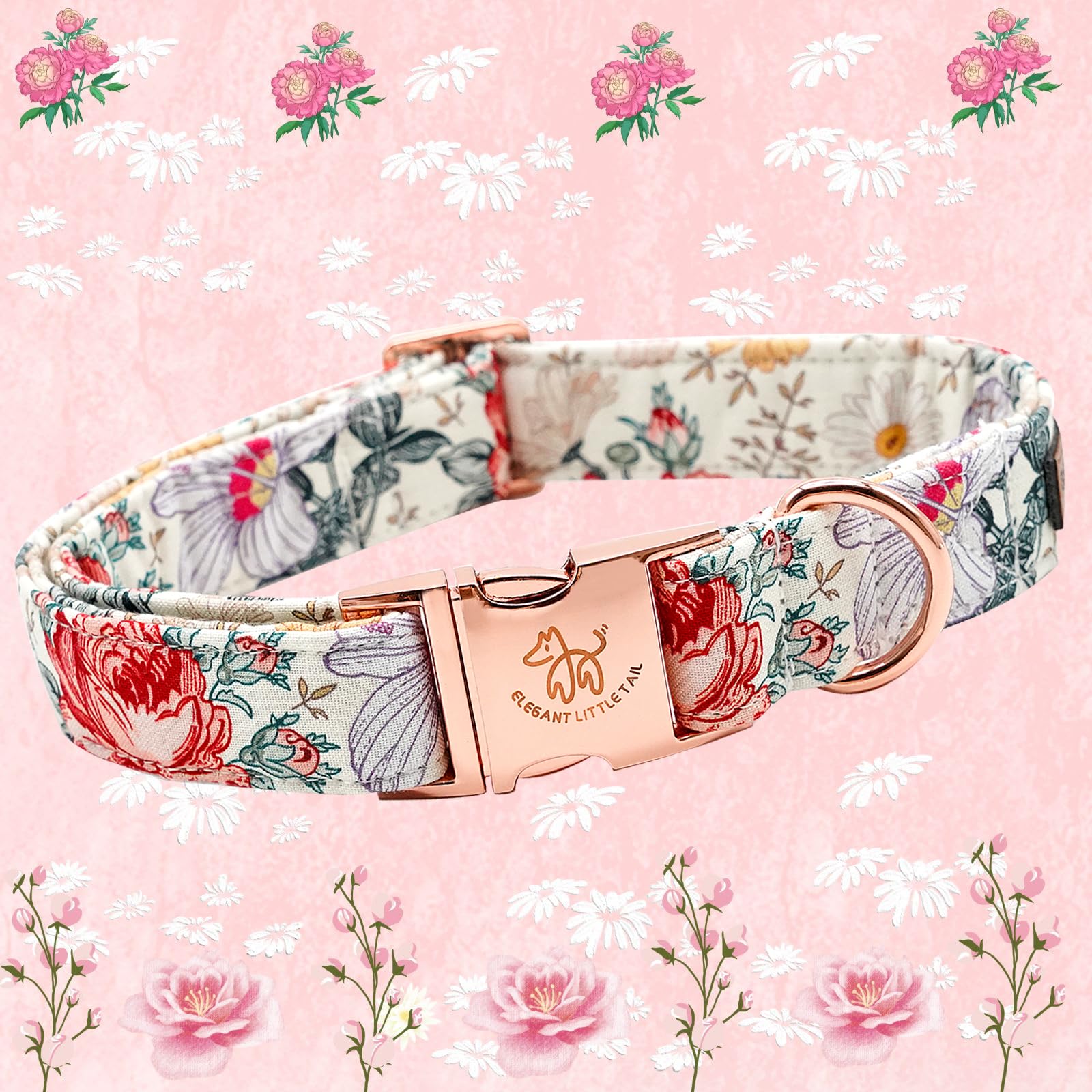 Elegant Vintage Floral Print Summer Dog Collar - Cotton, Durable, Metal Buckle For Medium Dogs