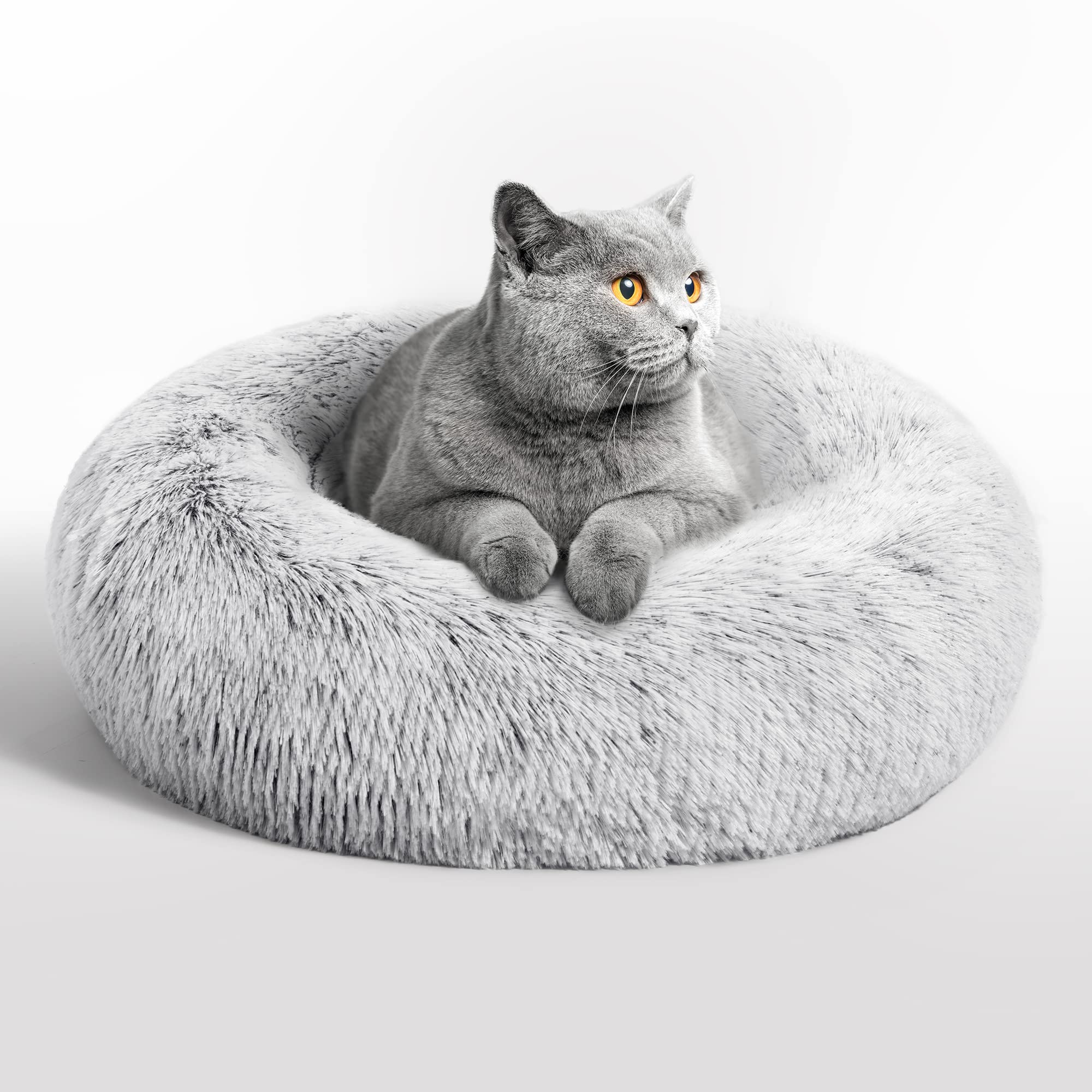 Love s cabin Calming Cat Bed for Indoor Cats, Anti-Anxiety Donut Round Dog Bed, Fluffy Faux Fur Washable Pet Bed for Small Medi