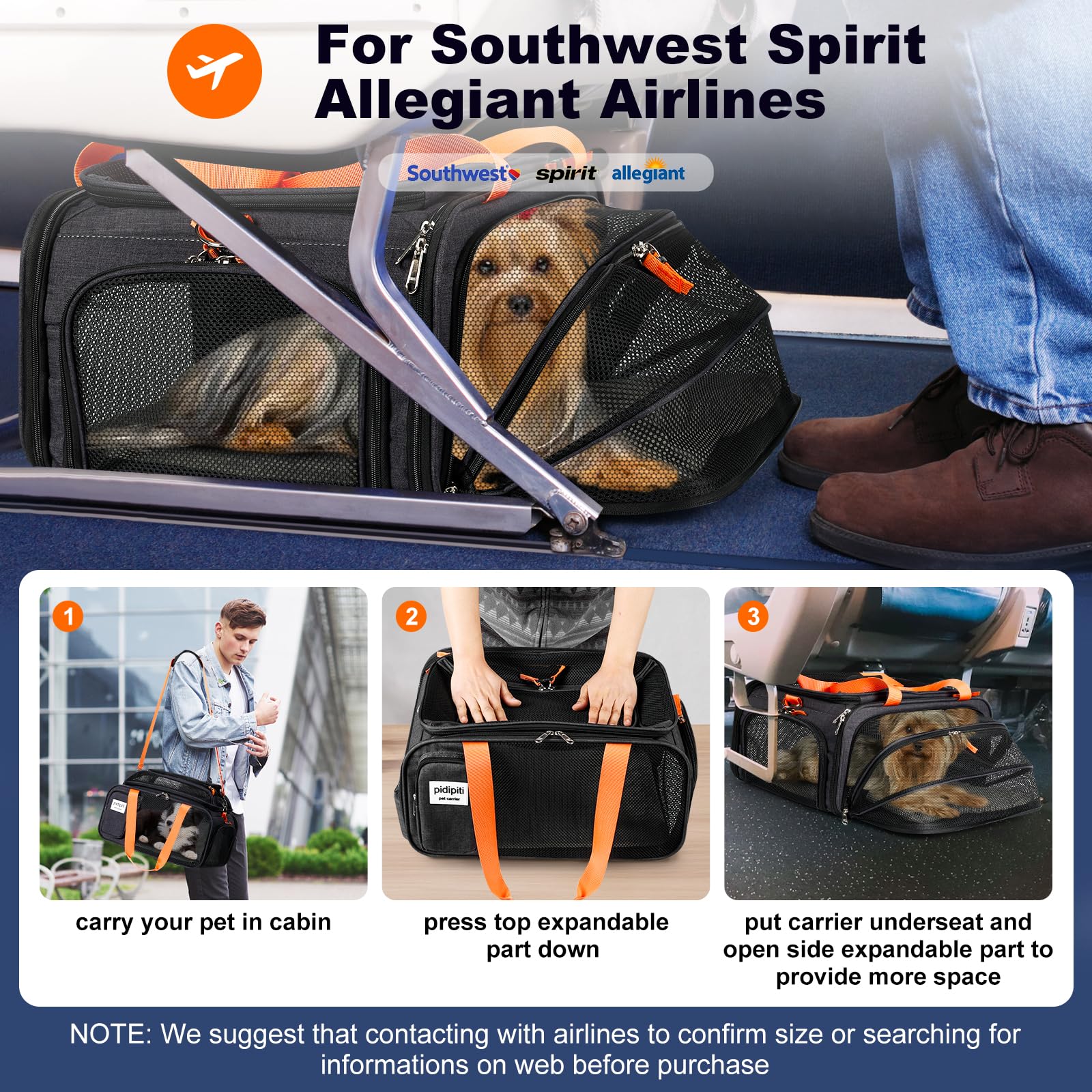 Pidipiti 17.5X13.5X9 Tsa Approved Top And 1 Side Expandable Pet Carrier For Small Dog Puppy Cat Up To 10 Lbs Weight And 17'' Len