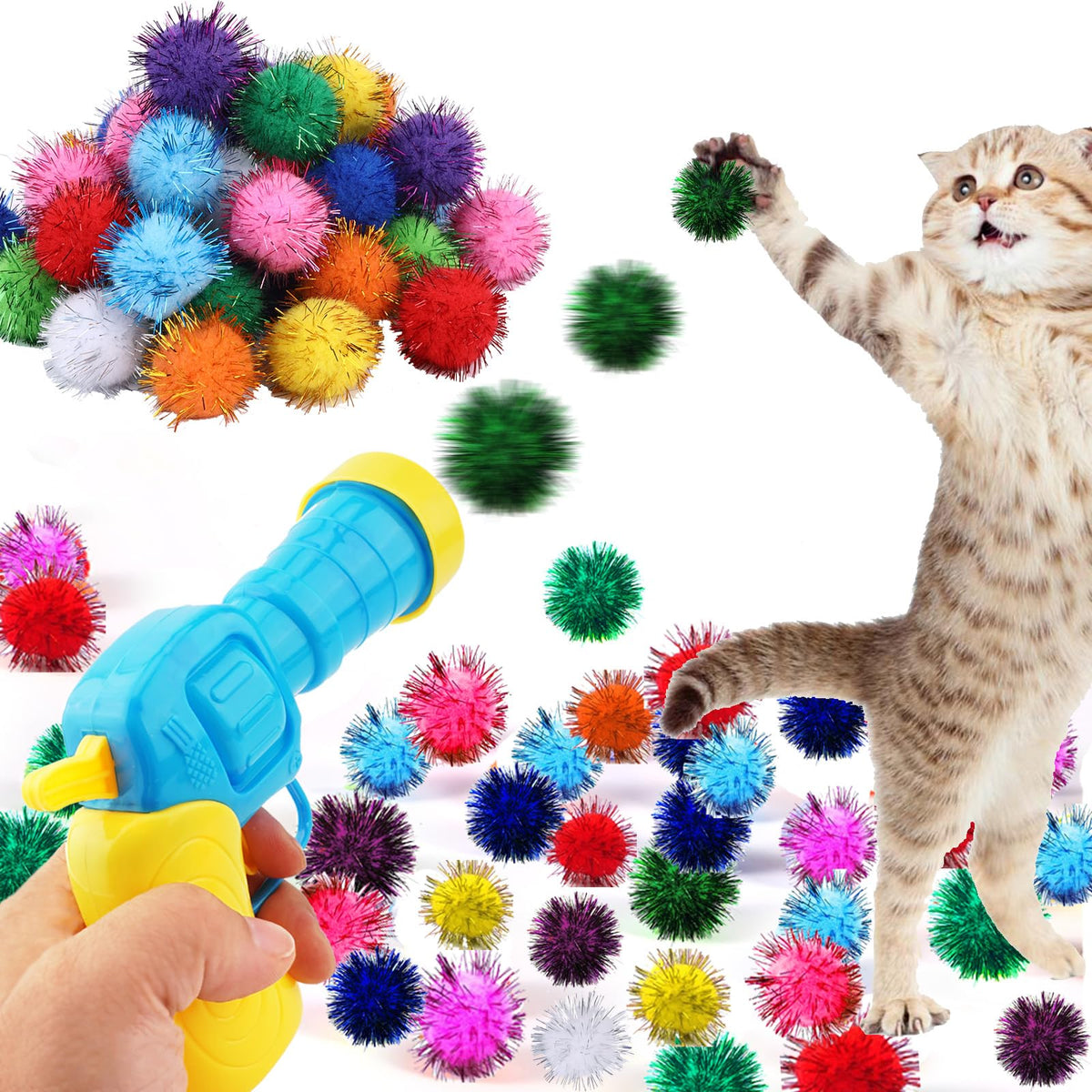 Dorhui Cat Toy Gun Launcher - 30 Pcs Sparkle Pom Pom Balls And Ball Launcher, Fetch Toy Gun Shooter, Interactive Glitter Balls F