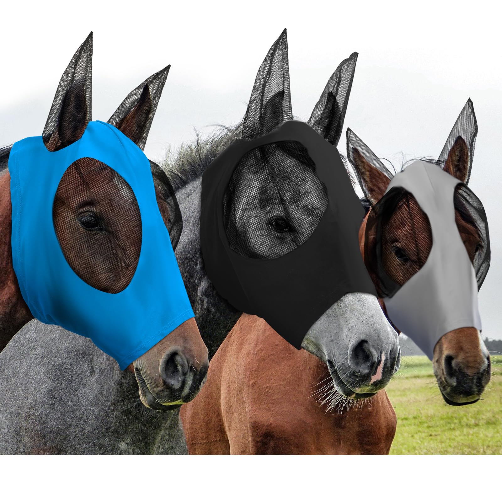 Weewooday 3 Pcs Horse Fly Masks for Horses Fly Masks with Ears Smooth and Elasticity Fly Mask with UV Protection(Black, Gray, Bl
