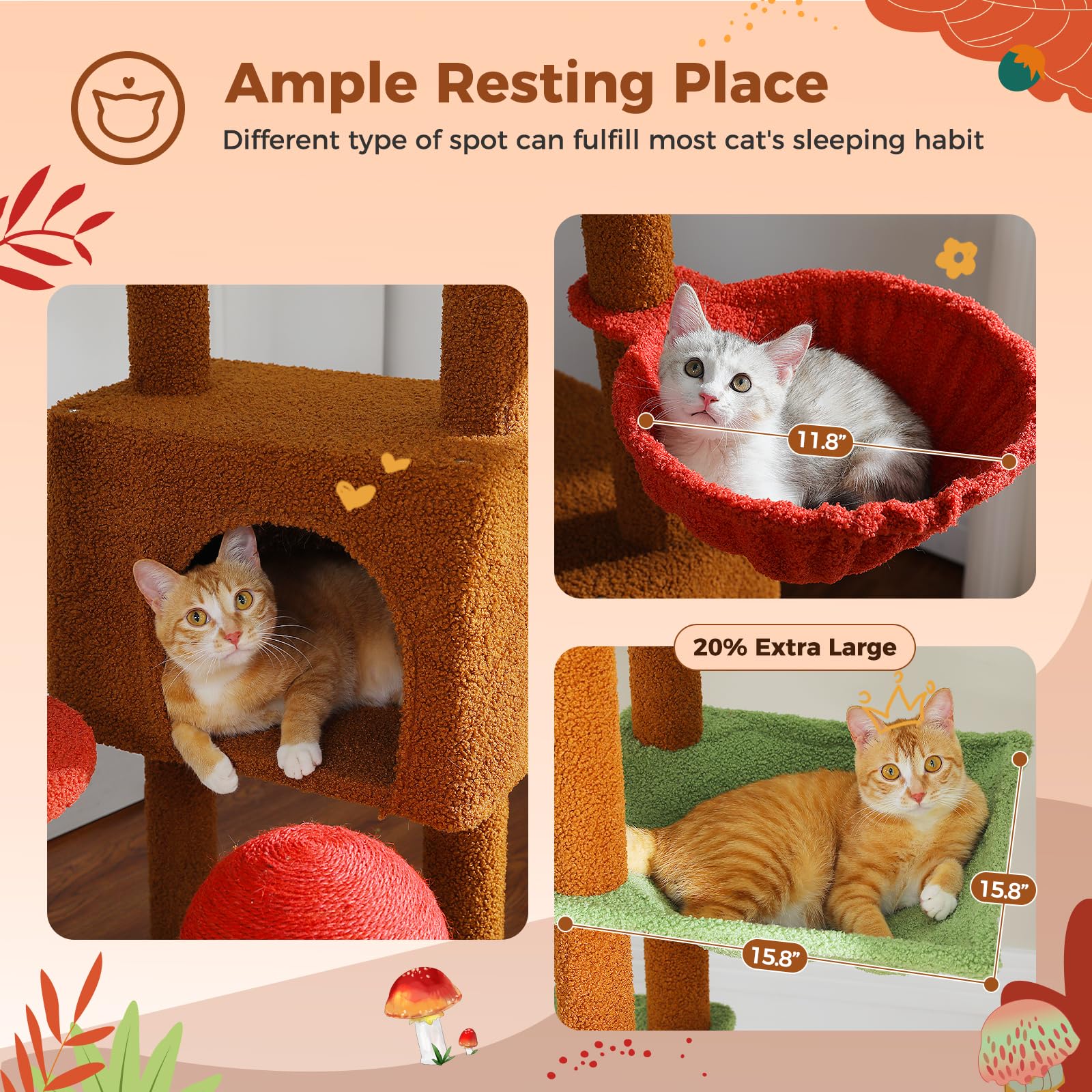 Pequlti Mushroom Cat Tree Floor To Ceiling Cat Tower Adjustable Height (90.5''-100.4'' = 230Cm-252Cm) With Cat Condo, Cozy Hammo