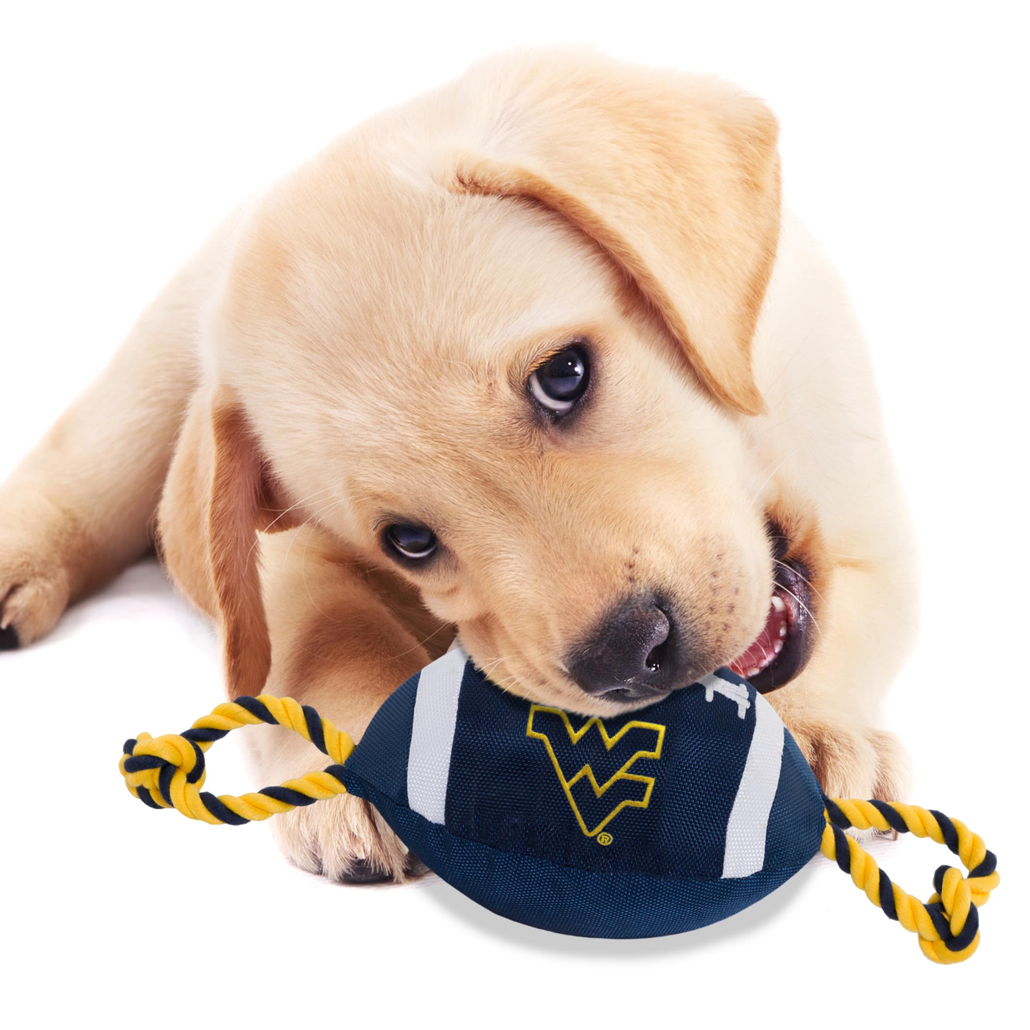 Pets First NCAA West Virginia Mountaineers Nylon Football Dog Toy, Tough Quality Nylon Materials, Strong Pull Ropes, Inner Squea