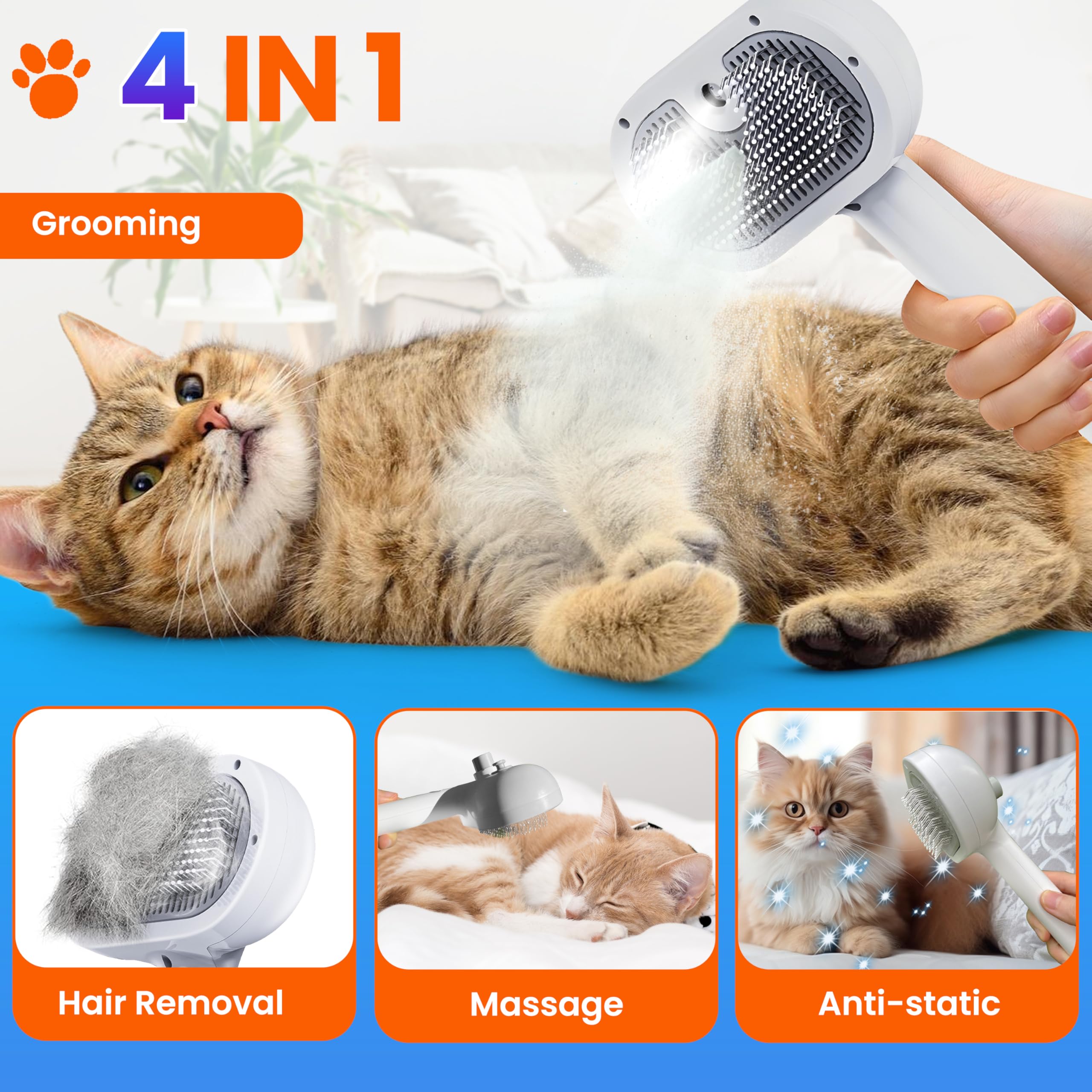 Wikiazon 4 In 1 Cat Steam Brush, Self Cleaning, Anti Static Shedding Spray Comb, Hair Removal, Mist Indoor Steamy Grooming Brush