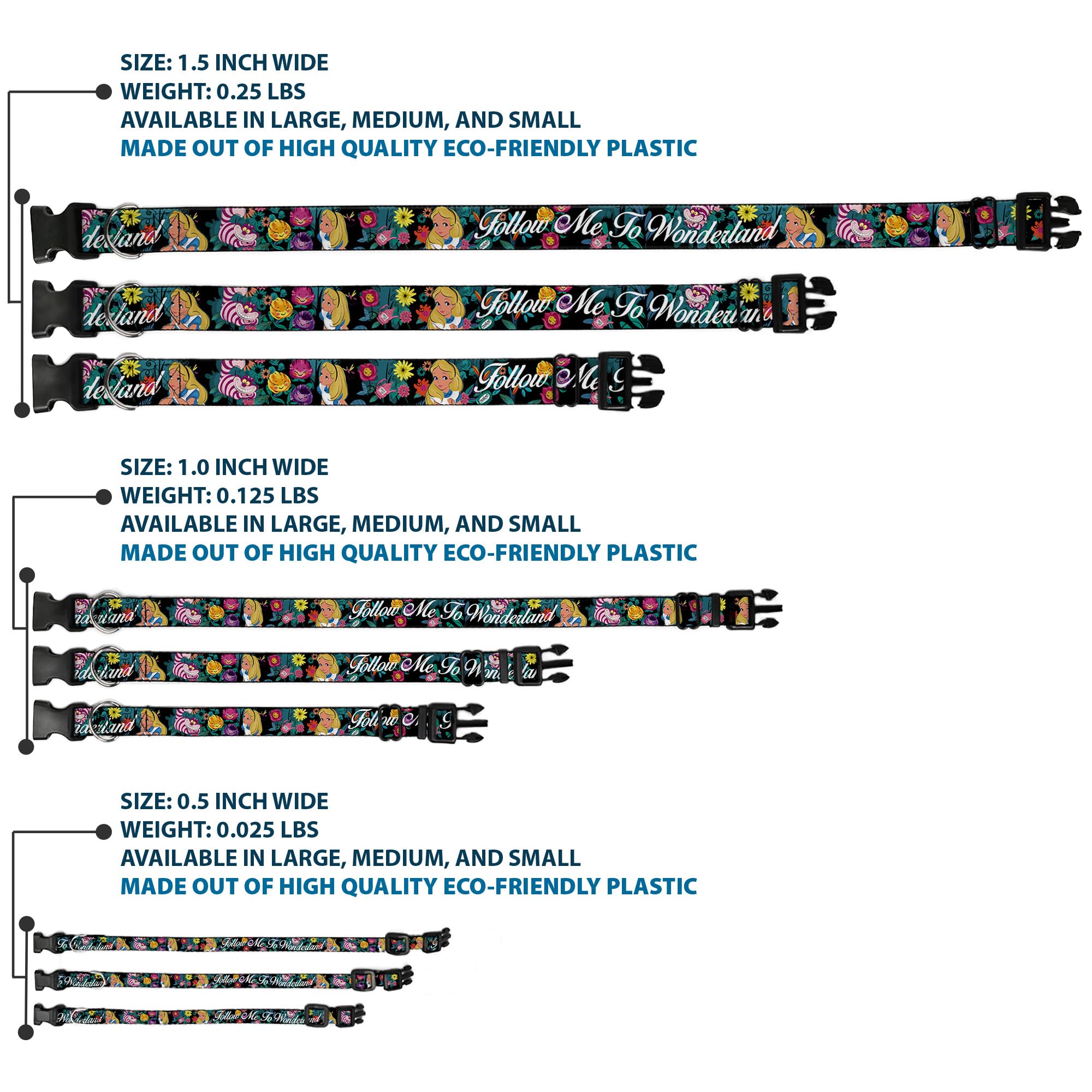 Buckle-Down Alice/Cheshire Cat/Flowers Poses2/Follow Me To Wonderland Plastic Clip Collar, Narrow Small/6-9'