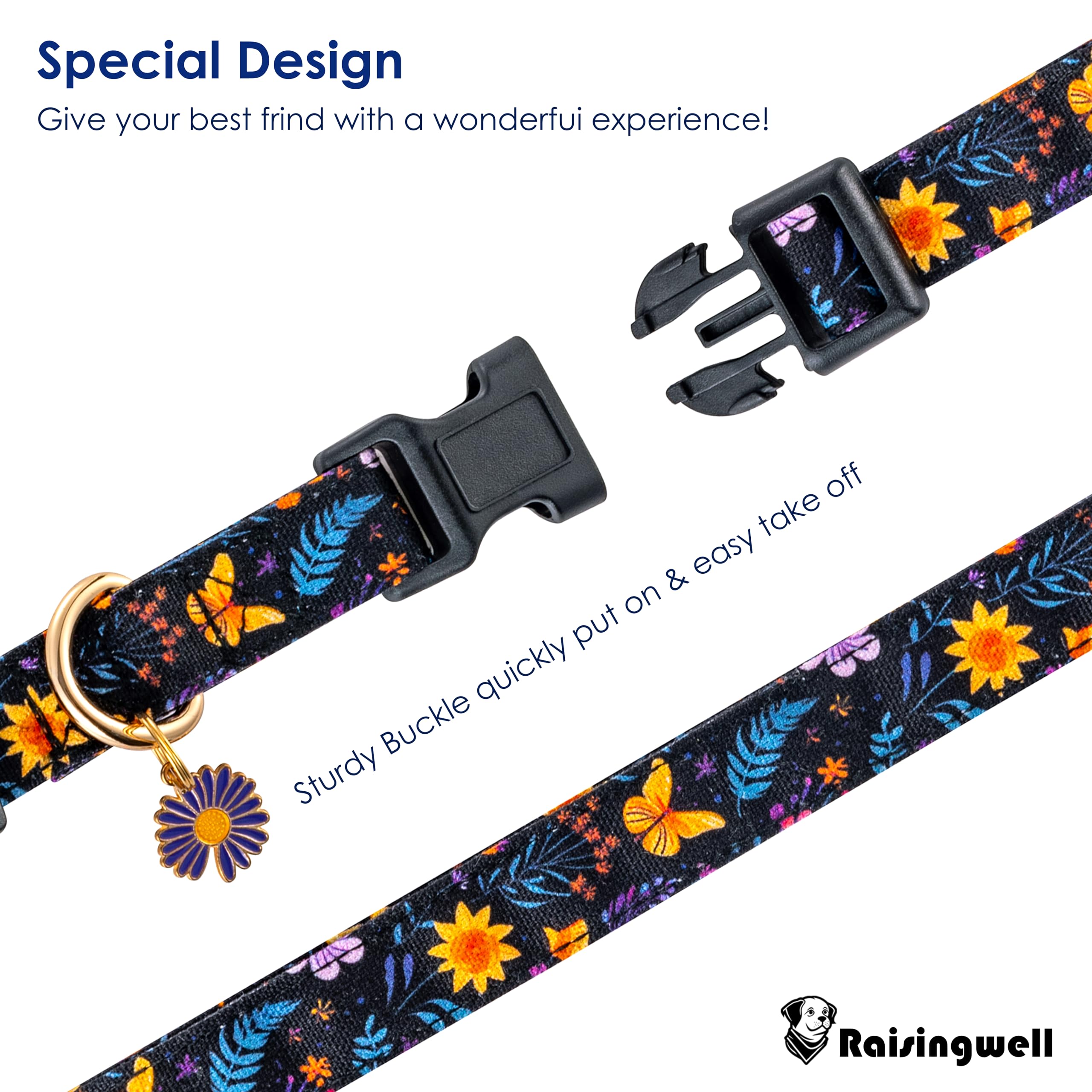 Raisingwell Cotton Dog Collar Purple Flower Pattern For Boys And Girls Cute Dog Collars Summer Fall Gift Adjustable For Medium T