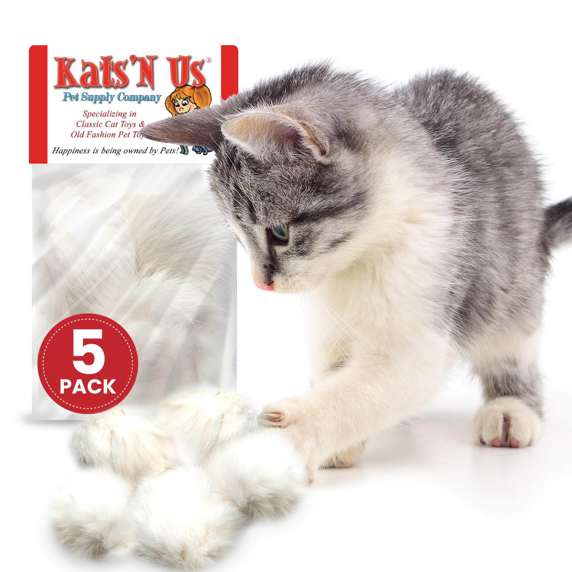 Kats'N Us Real Rabbit Fur Pom Pom Cat Toy - Jumbo Size - White Fuzzy Cat Balls For Interactive Play And Entertainment - 5 Pack