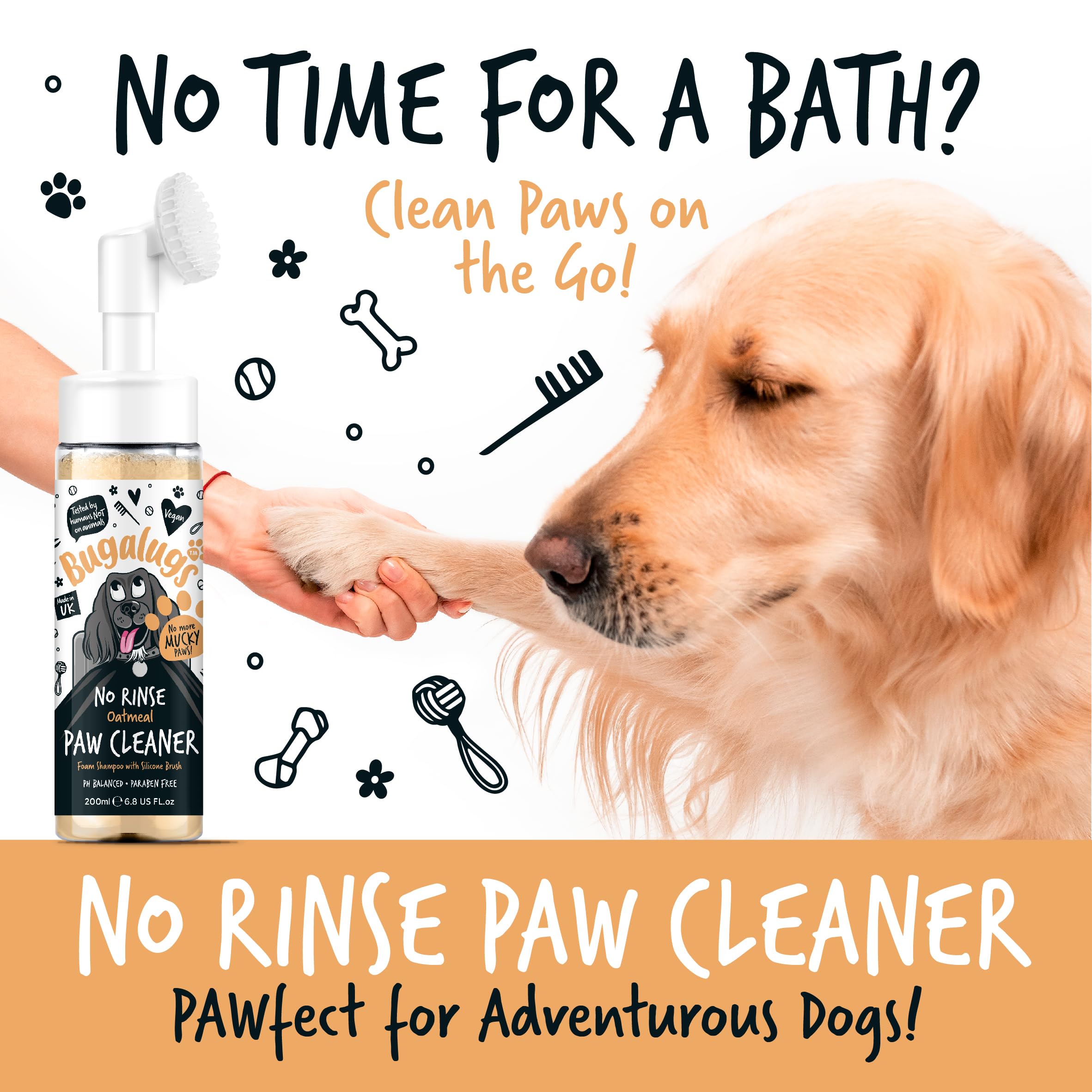 Bugalugs Dog Paw Cleaner No Rinse Foam Cat & Dog Shampoo With Silicone Brush Head, Waterless Grooming Products. Travel Friendly