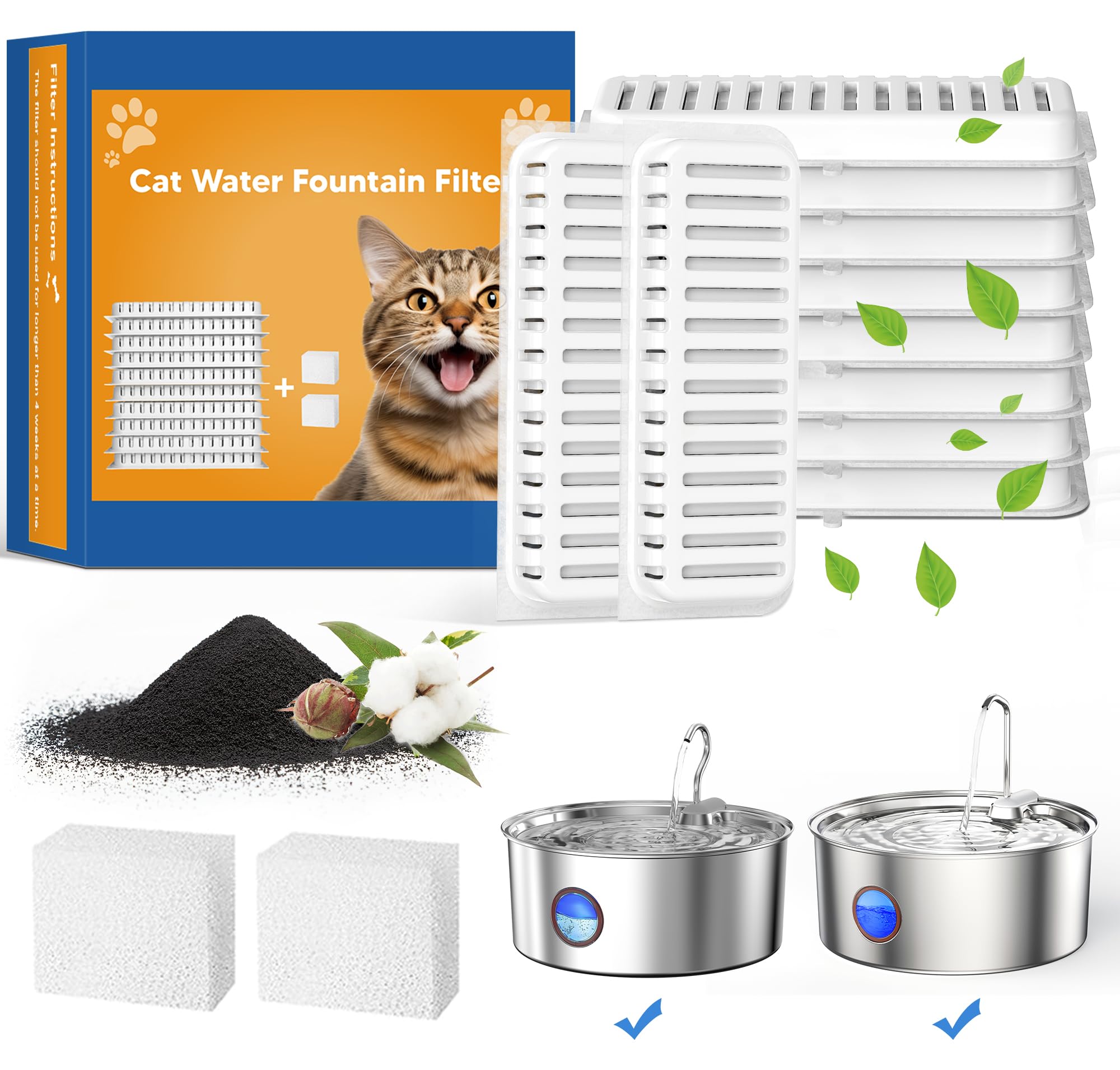 Pet Water Fountain Filters For 8L/270Oz Stainless Steel Dog Water Fountain, 10 Packs Filters & 2 Sponges Set, Multi-Filtration S