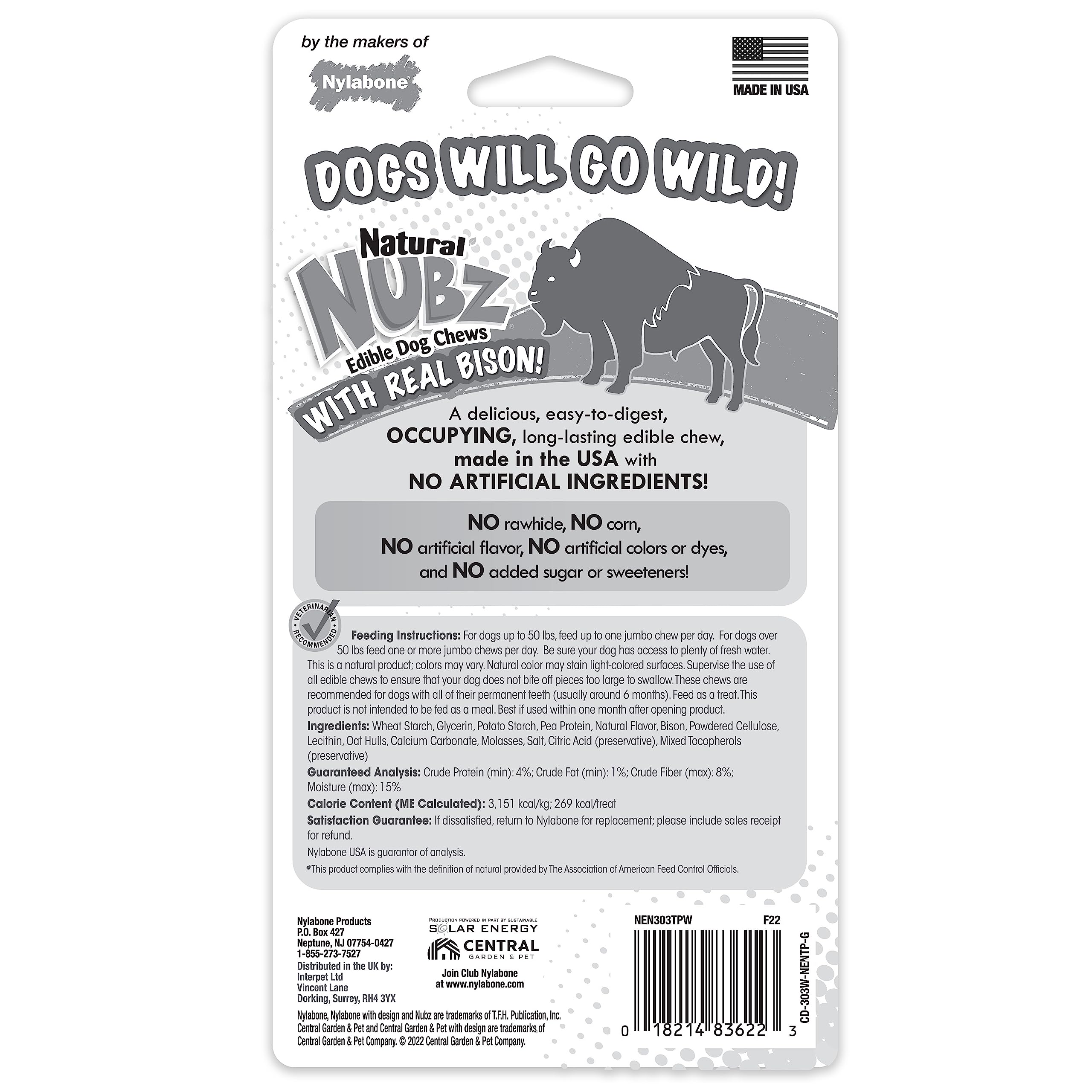 Nylabone Nubz Wild Natural Edible Chew Treats for Dogs, Made in USA, Bison Flavor, Large - Up to 50 lbs. (2 Count)