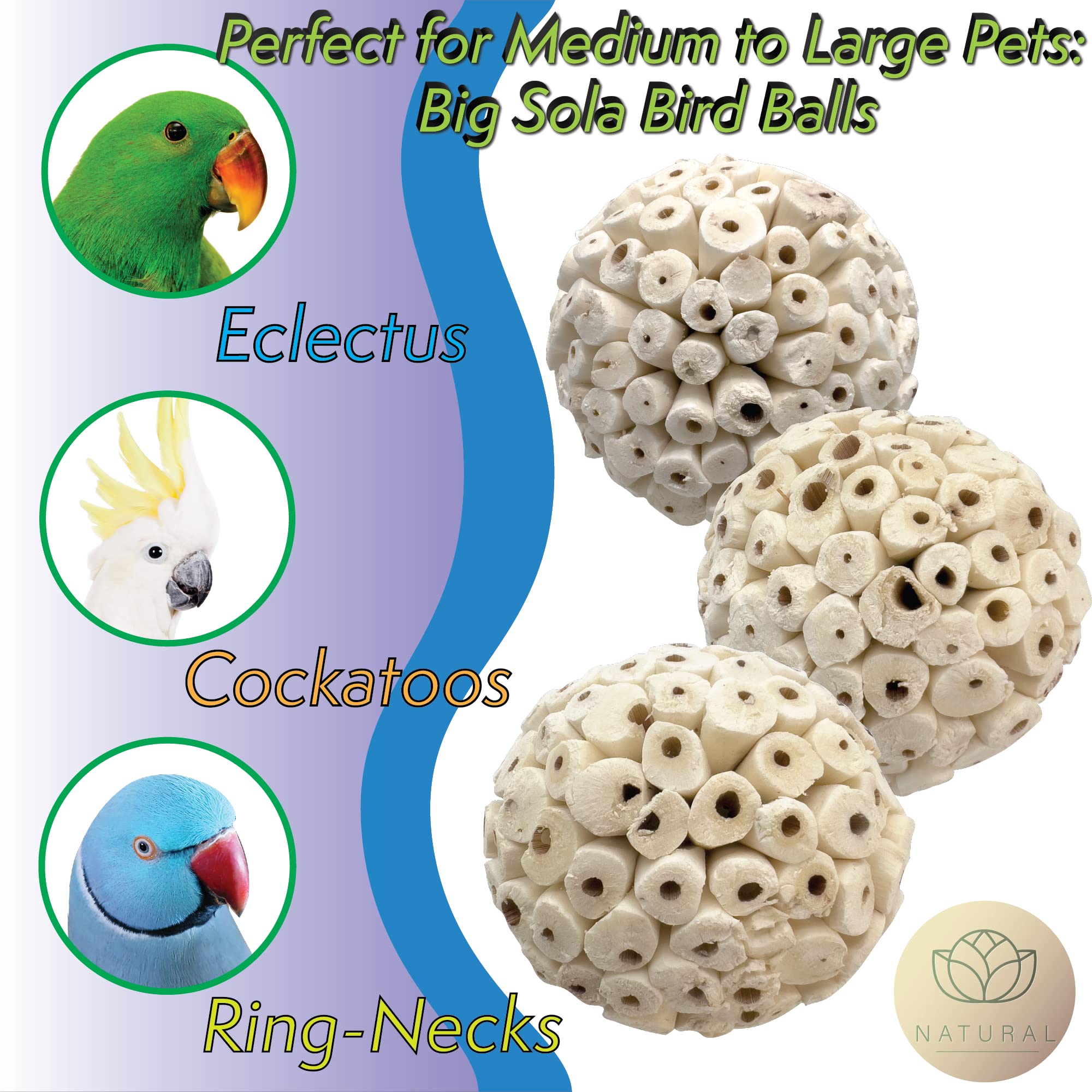 Mandarin Bird Toys 5101 Big Sola Bird Balls Pk3 By M&M - All Natural Air Dried Chewable Spheres, Lightweight Pithy Bird Safe Material, Great Fun For Beaks And Feet, Ideal For Medium Size Pet Birds