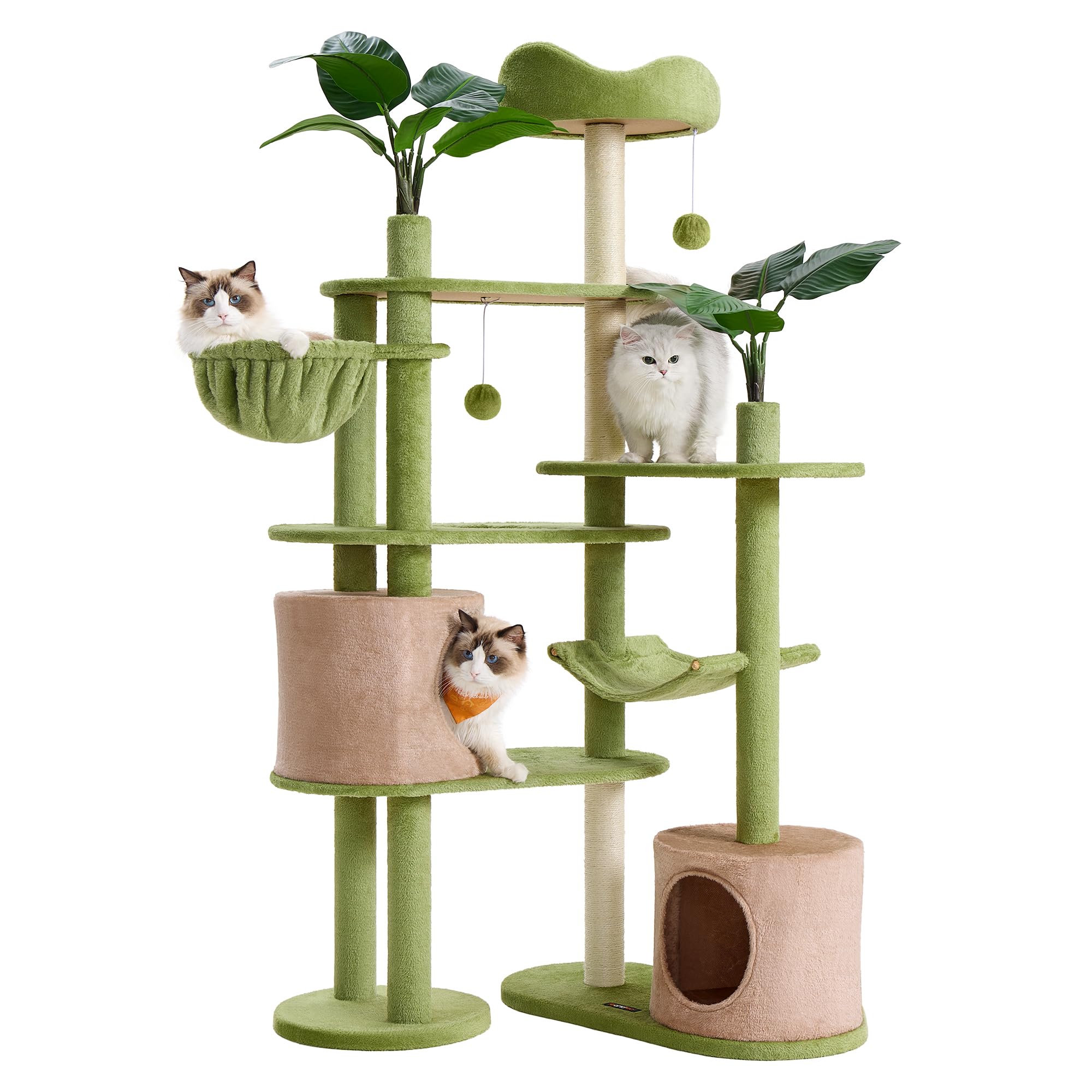 Feandrea Cat Tree, 68.1-Inch Tall Cat Tower, Multi-Level Plush Condo with Artificial Leaves, 3 Scratching Posts, 2 Pompoms with 