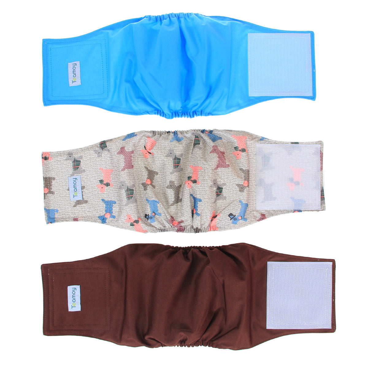 Teamoy Reusable Wrap Diapers For Male Dogs, Washable Puppy Belly Band Pack Of 3 (M, 13'-16' Waist, Light Blue+ Dogs+Coffee)