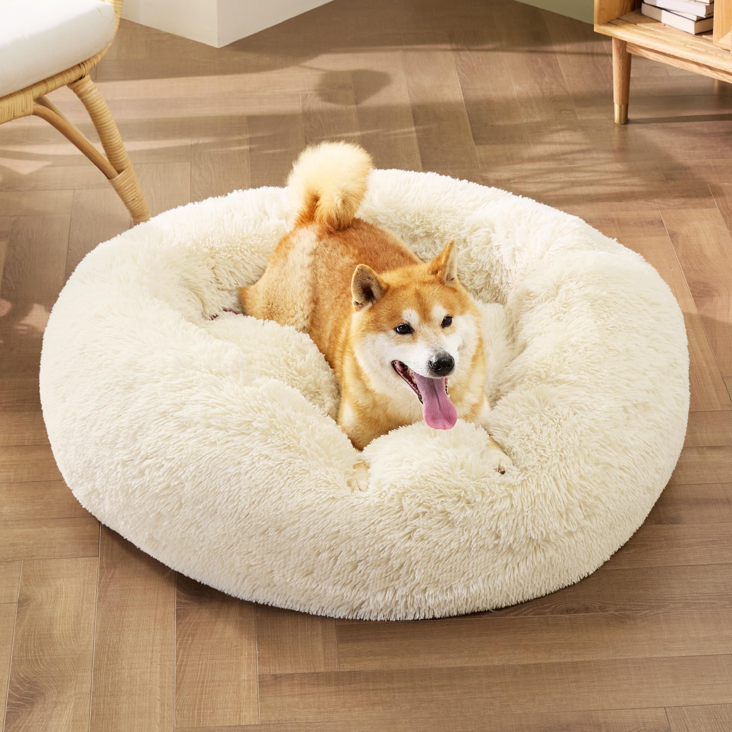 Bedsure Calming Dog Bed For Medium Dogs - Donut Washable Medium Pet Bed, Anti-Slip Round Fluffy Plush Faux Fur Cat Bed, Fits Up