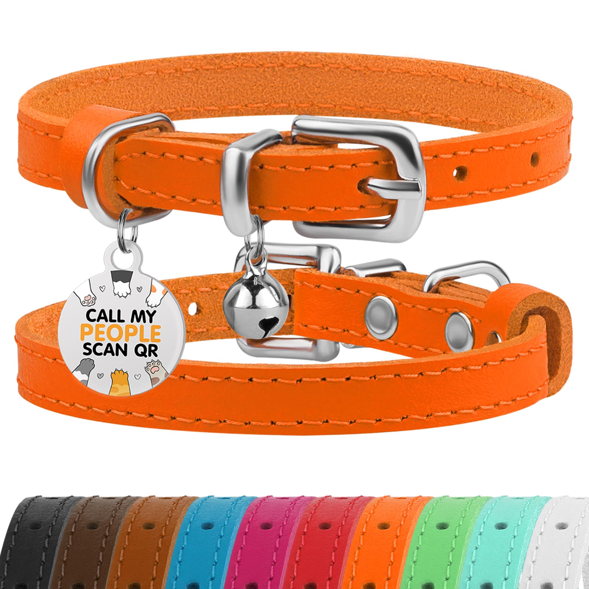 Bronzedog Leather Cat Collar With Removable Bells Non Breakaway Kitten Qr Tag For Girl Boy (7'' - 9'' For Cats, Orange & Silver)