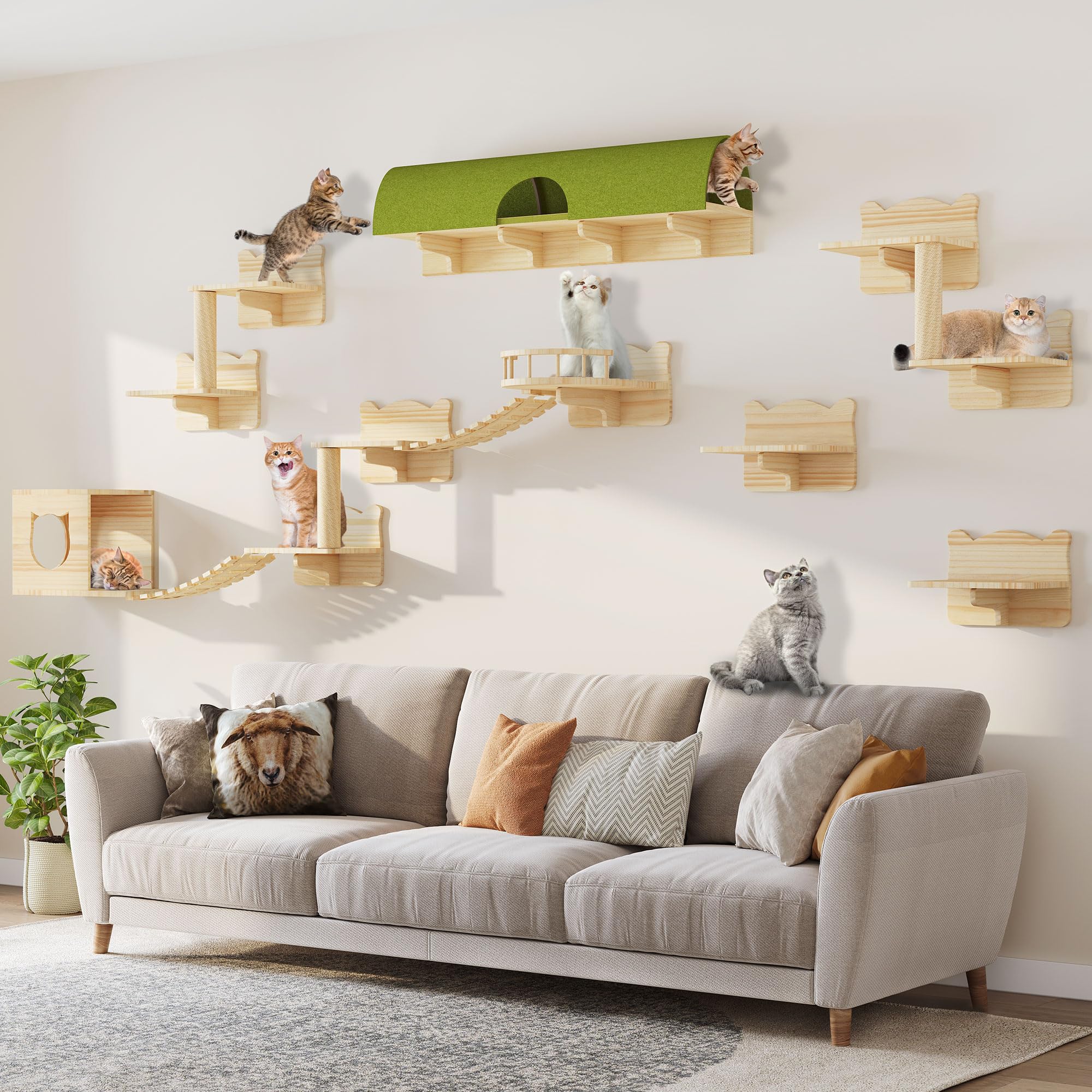 Homiflex Cat Shelves for Wall, 16-in-1 Solid Wood Wall Mounted Cat Wall Shelves with Tunnel, Scratching Post, Steps & Bridge Lad