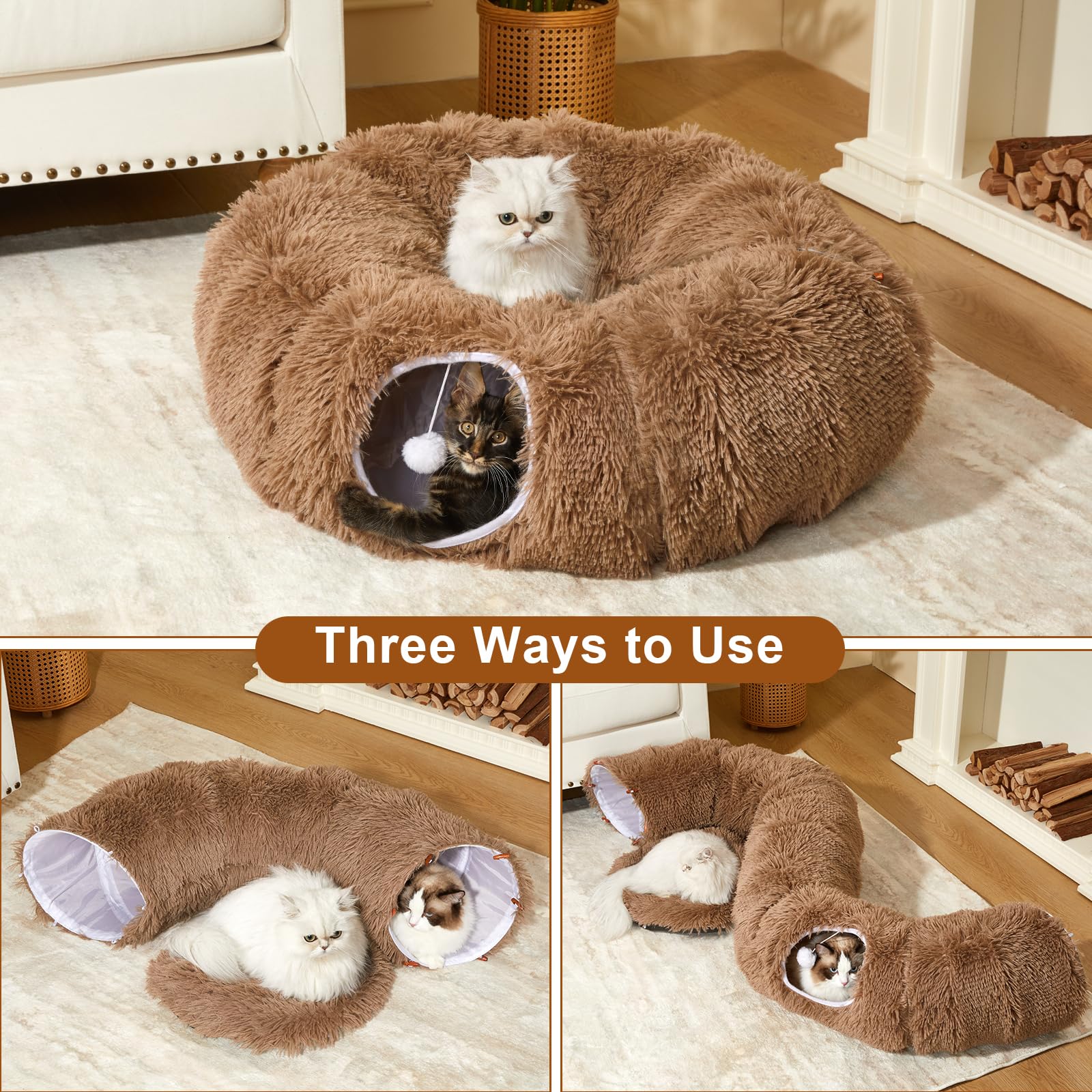 Bininl Cat Tunnel Bed For Indoor Cats Peekaboo Cave Donut With Washable Circle Cushion Interior Cat Play Tunnel (34 Inch, Brown)
