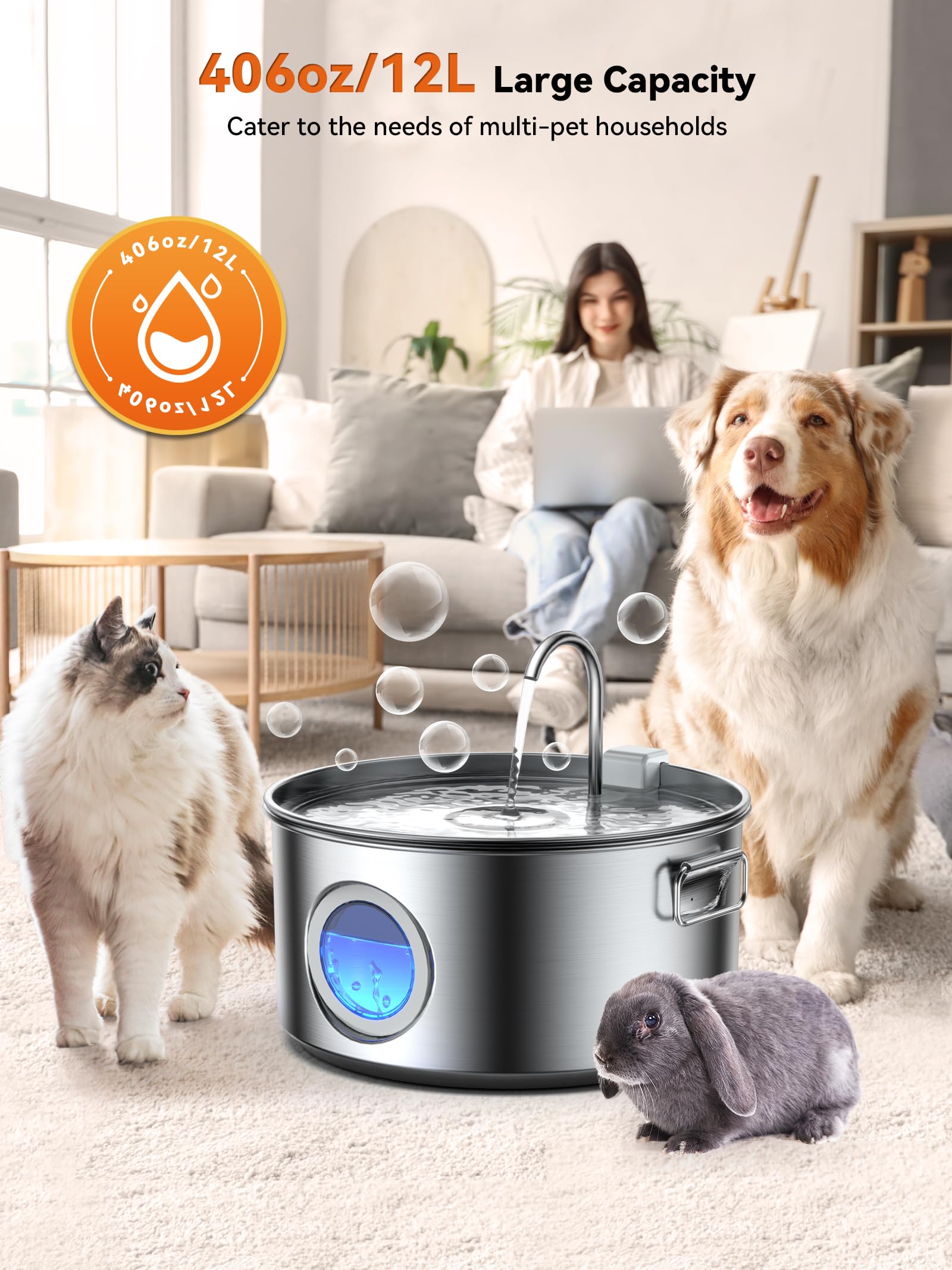 Dog Water Fountain for Large Dogs, 3.2Gal/406oz/12L Stainless Steel Pet Water Fountain, Quiet Dog Water Bowl Dispenser with Visi