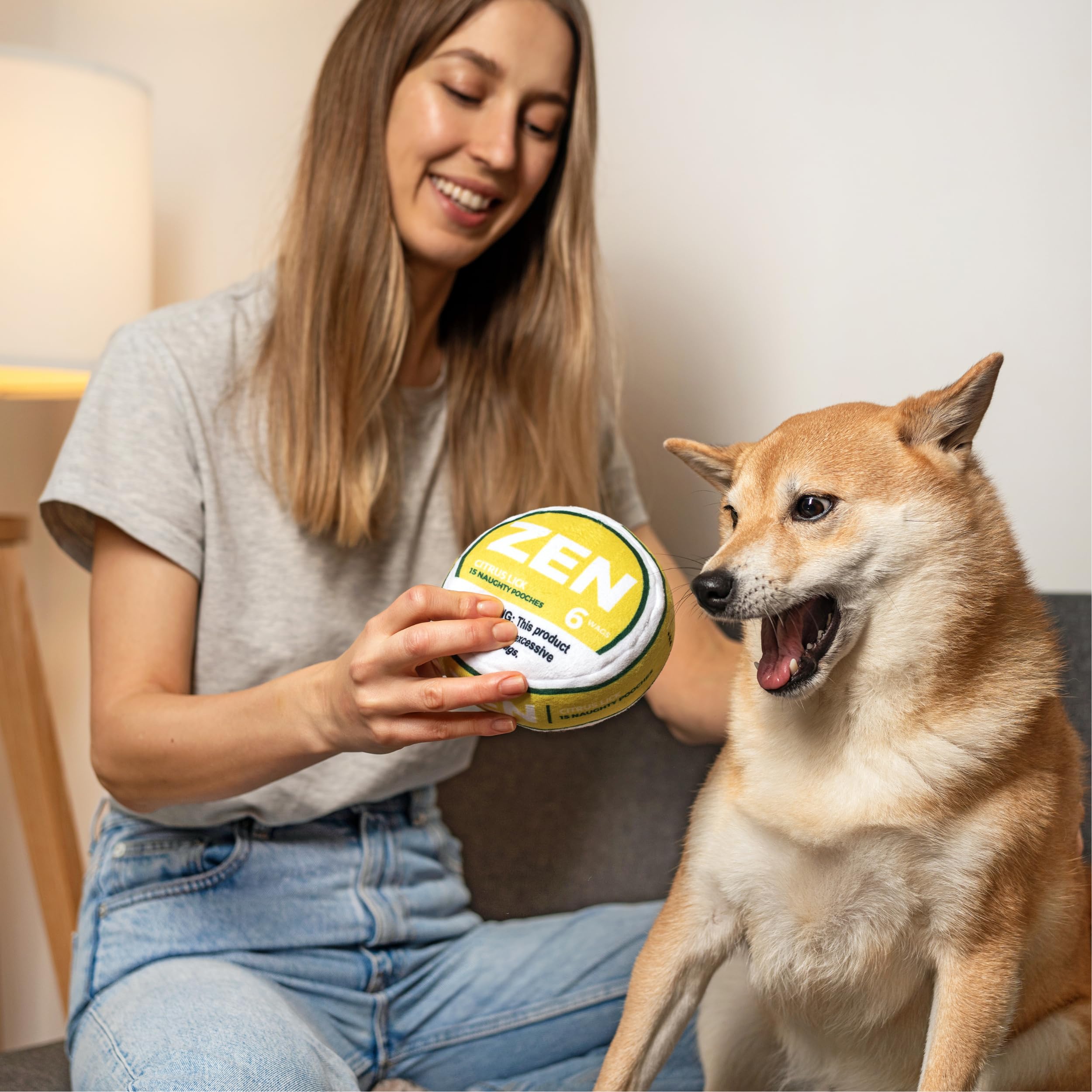 Nestpark Zen Pupper Deckies Parody Dog Toy - Plush Squeaky And Crinkle Funny Dog Toy (Citrus Lick)