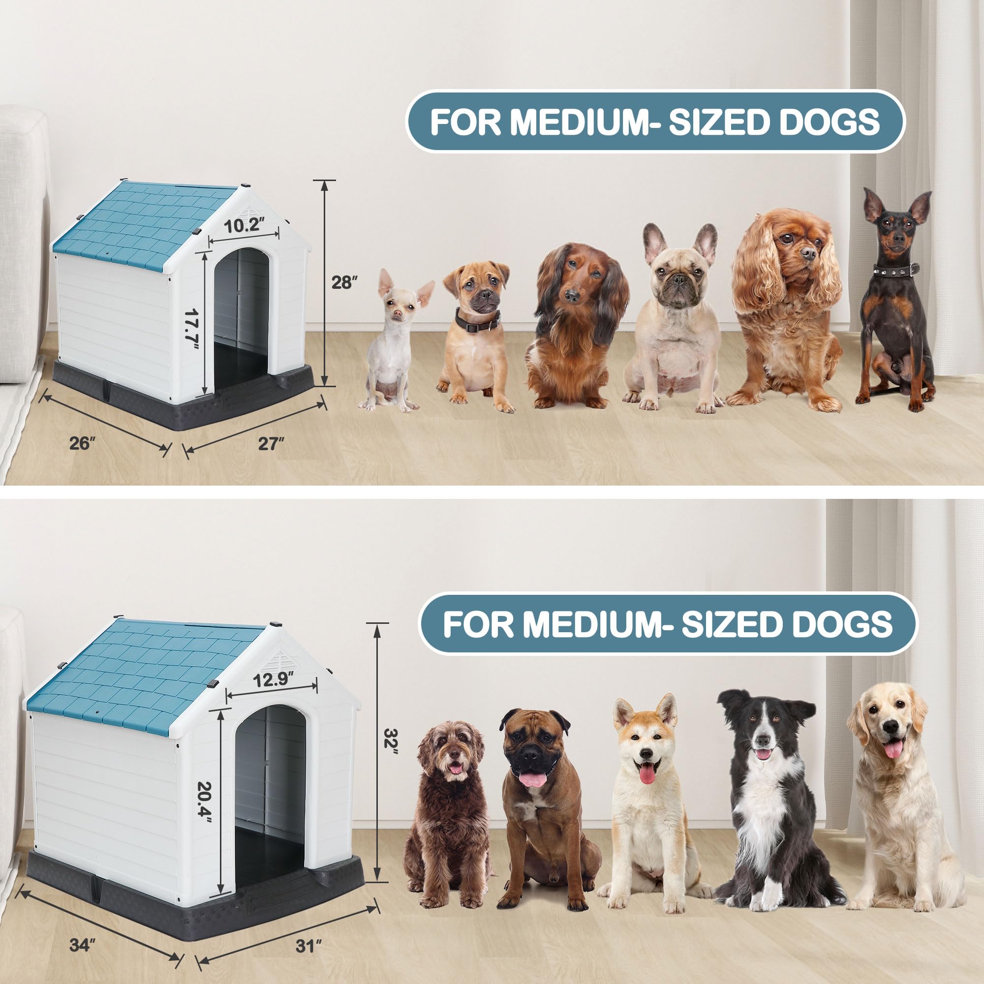 Large Dog House Indoor Outdoor Plastic Durable Dog House Insulated Puppy Shelter With Air Vents Elevated Floor (Blue, 28Inch)