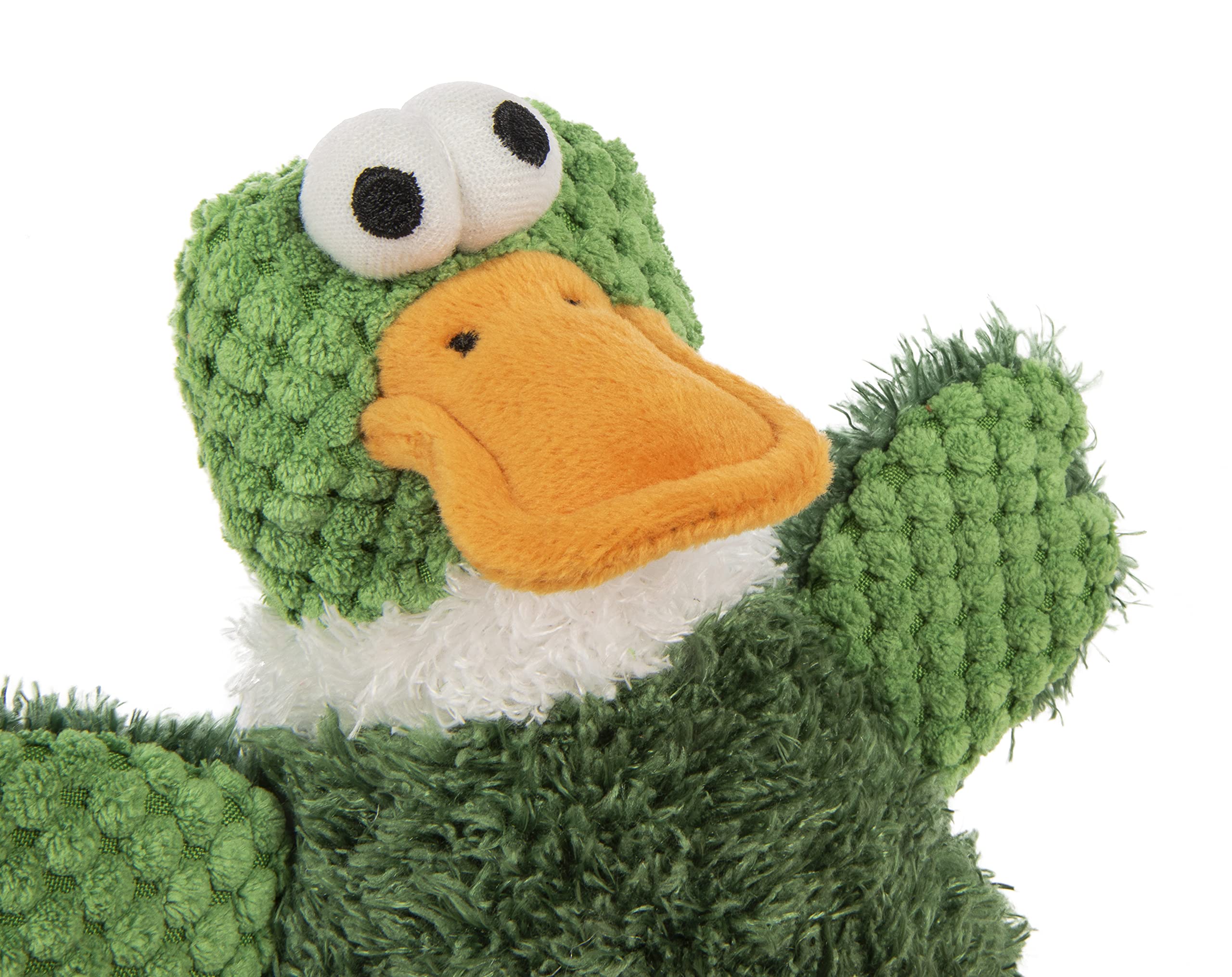 Godog Checkers Skinny Duck Squeaky Plush Dog Toy, Chew Guard Technology - Green, Small