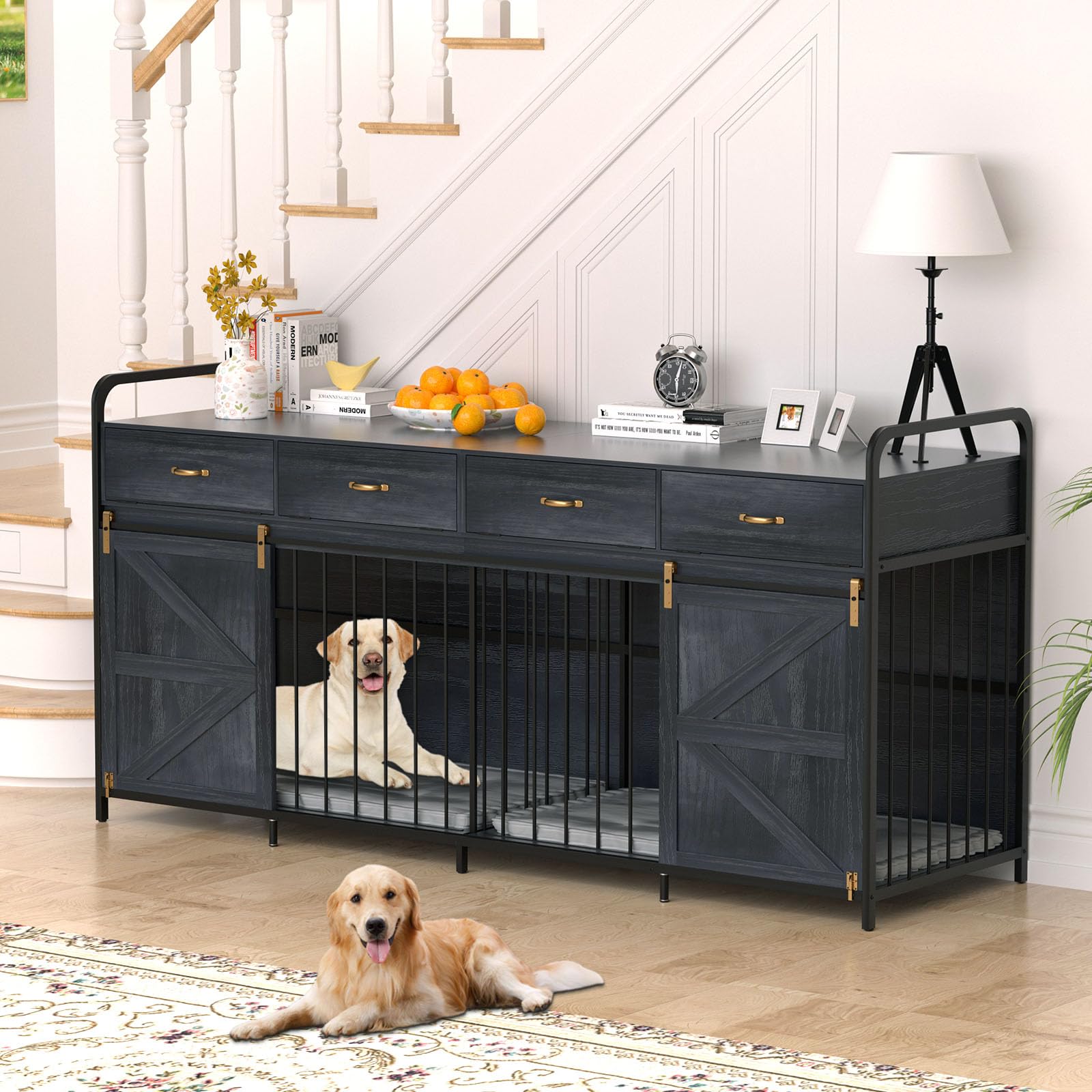 78.7 Inch Large Dog Crate Furniture for 2 Dogs Extra Large Dog Kennel Heavy Duty Wood Dog Crate Double Dog Crates Furniture TV S