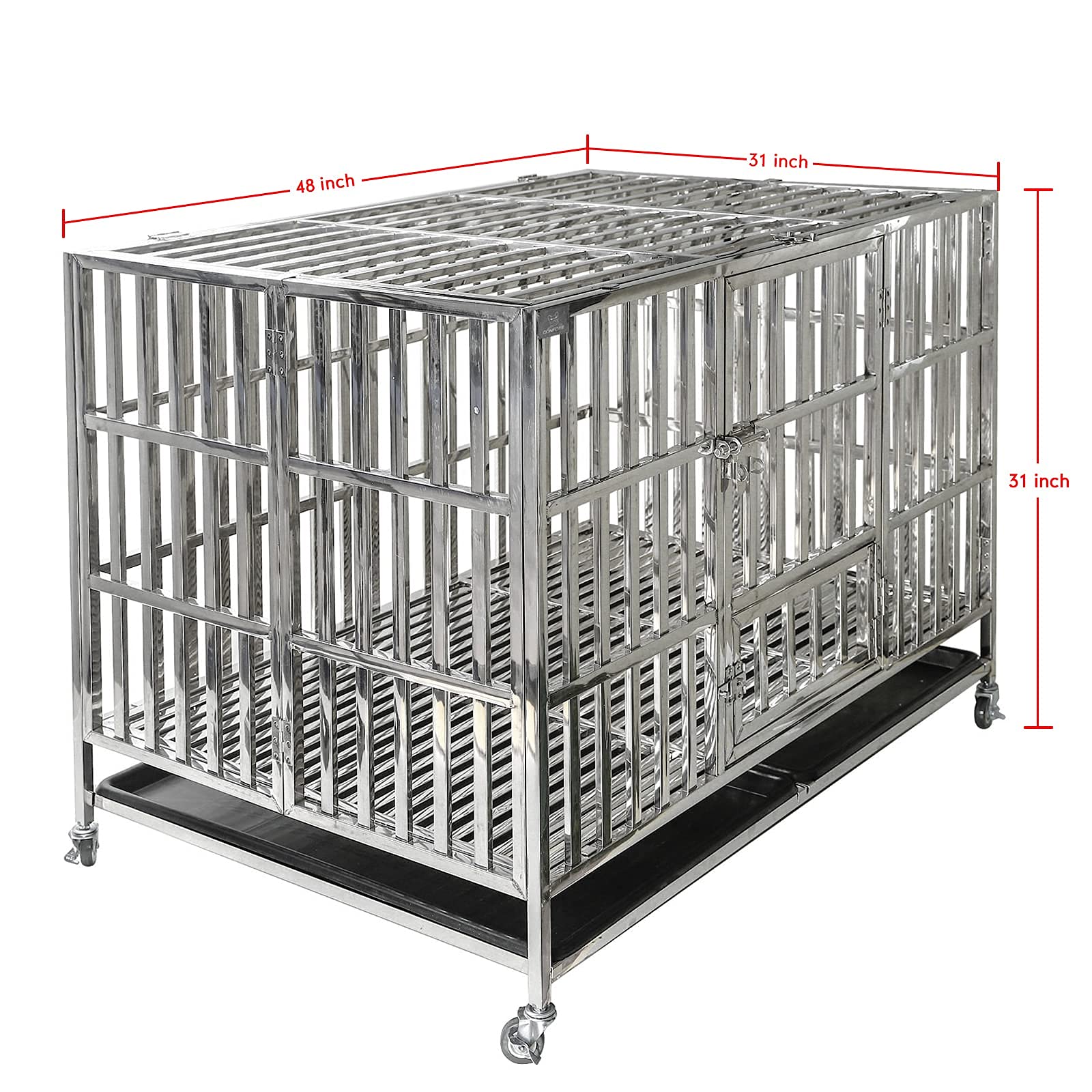 Confote Heavy Duty 48" Stainless Steel Dog Cage Kennel with Double Doors, Lockable Wheels & Removable Tray - Indoor/Outdoor Use