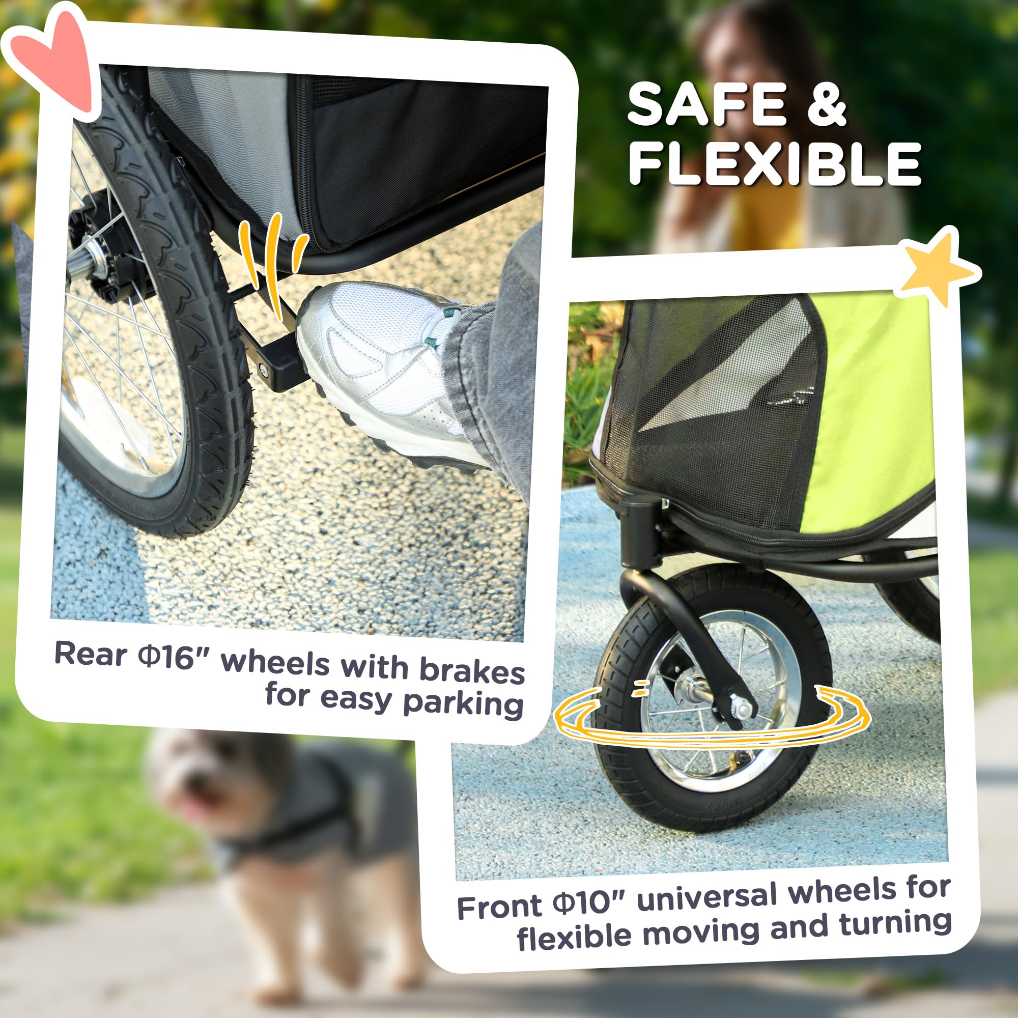 Pawhut Dog Stroller, Pet Stroller 3 Wheels With Easy One-Hand Fold, Rubber Wheels, Storage Bag, Soft Cushion, Safety Leash, For