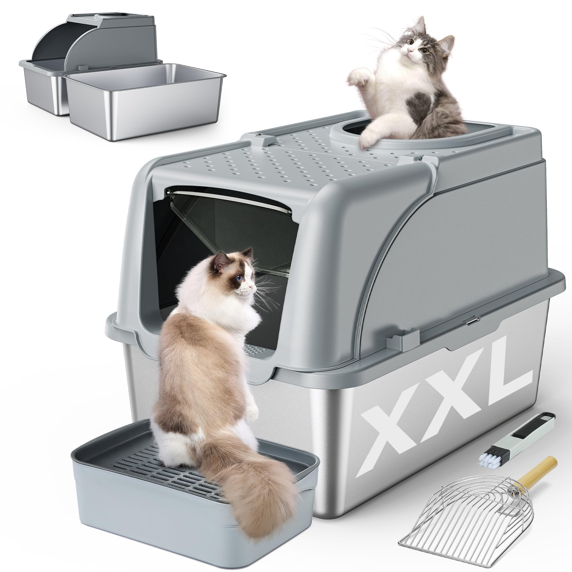 Rilvva Stainless Steel Litter Box, XXL Large Metal Covered Litter Boxes, Dual Entrance Detachable Cat Litter Box with Lid, 16.6