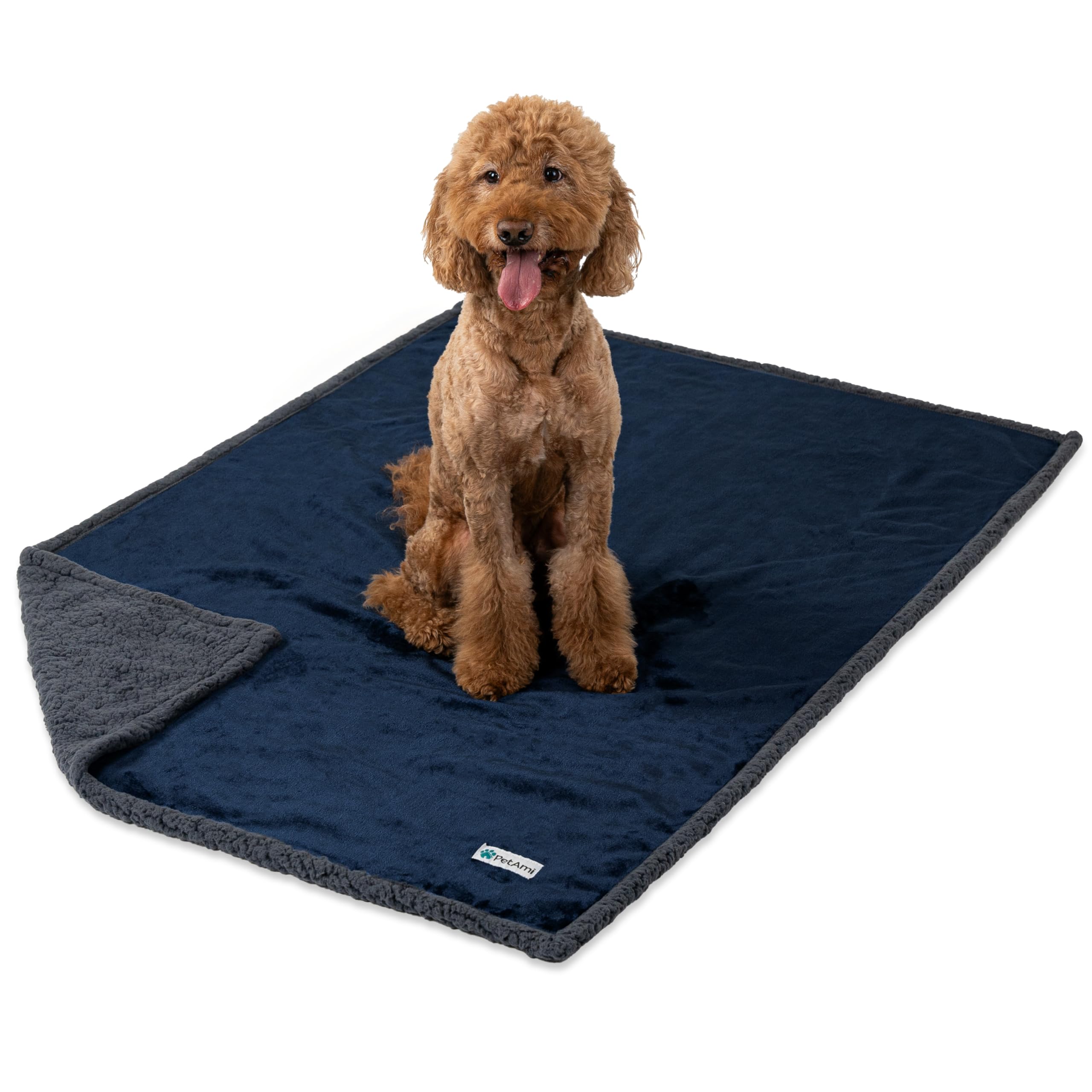 Petami Waterproof Dog Blanket For Bed, Xl Dog Pet Blanket Couch Cover Protection, Sherpa Fleece Leakproof Bed Blanket For Crate Kennel Sofa Furniture Protector, Reversible Soft Plush 80X60 Navy Gray