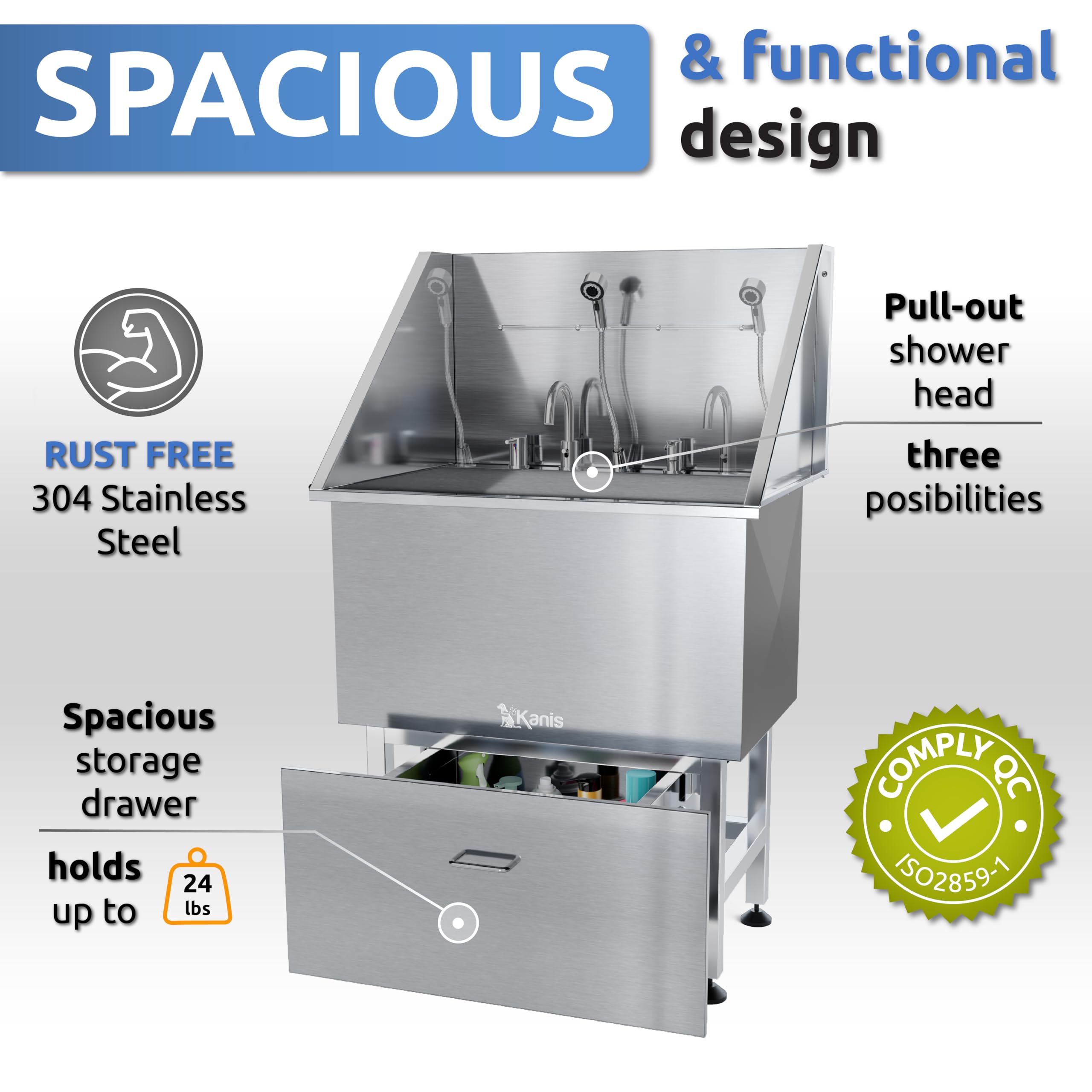 Kanis Professional Stainless Steel Dog Bathing Station - Grooming Tub With Storage Drawer, Floor Grate & Faucet/Dog Bathtub For